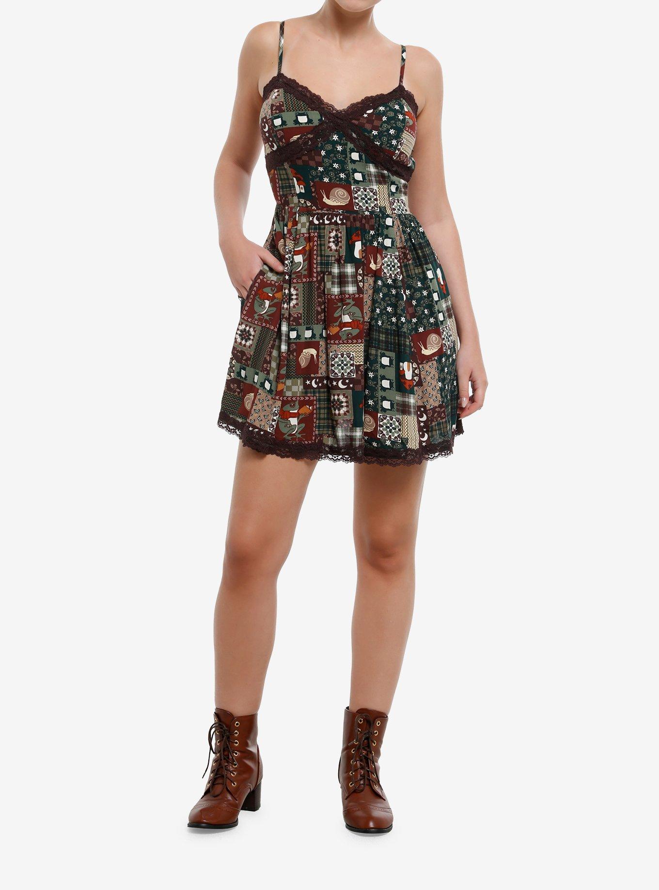 Thorn & Fable Reading Frogs Patchwork Print Slip Dress, , hi-res