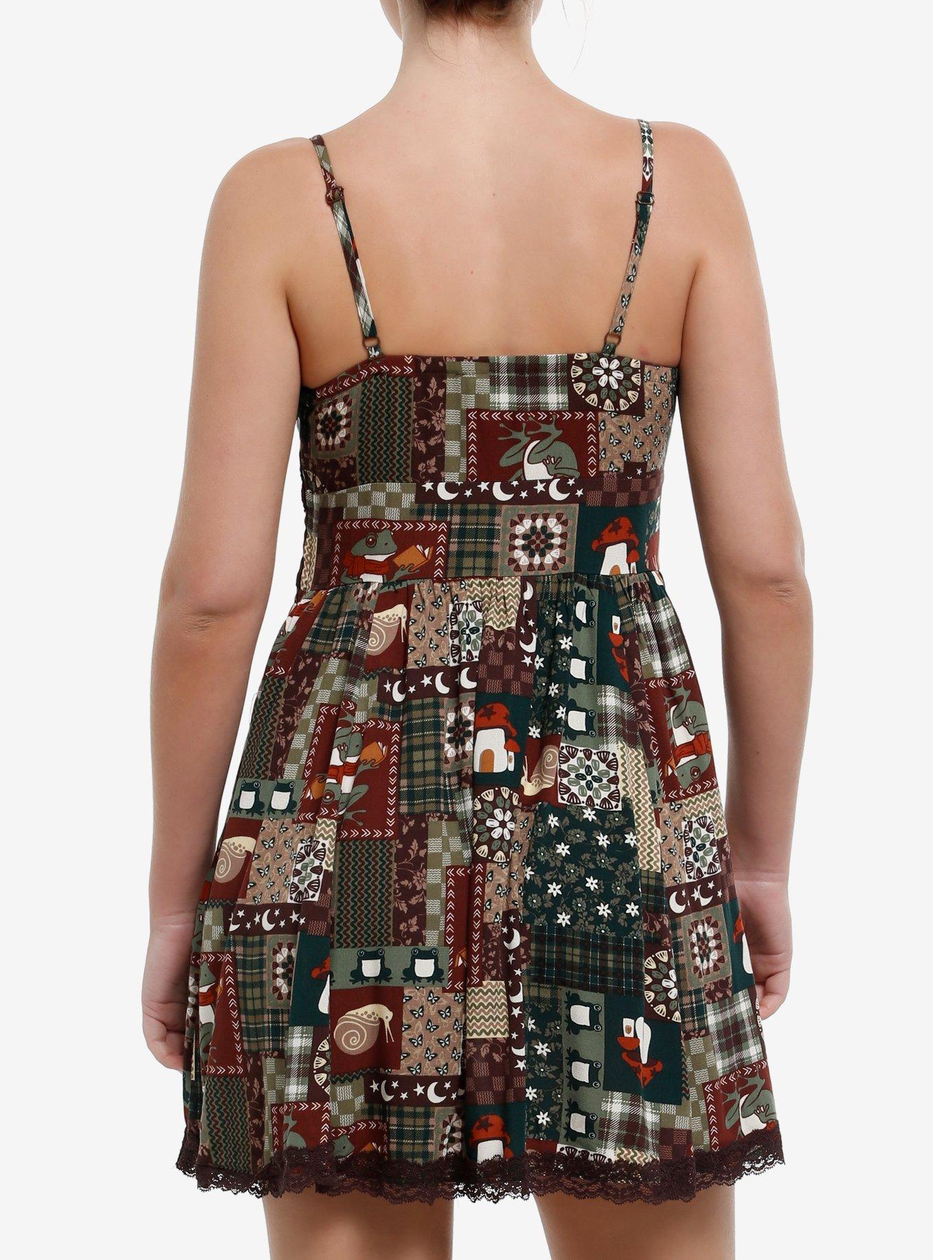 Thorn & Fable Reading Frogs Patchwork Print Slip Dress, BROWN, alternate