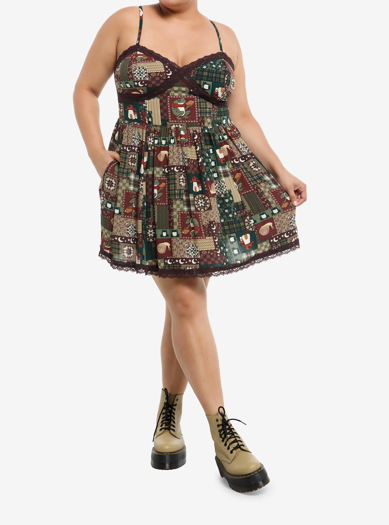 Thorn & Fable Reading Frogs Patchwork Print Slip Dress Plus Size, , hi-res