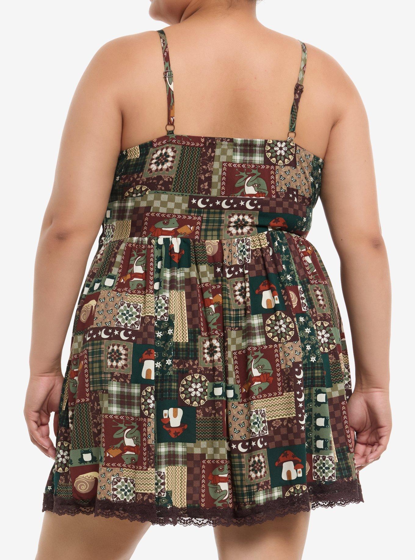 Thorn & Fable Reading Frogs Patchwork Print Slip Dress Plus Size, BROWN, alternate