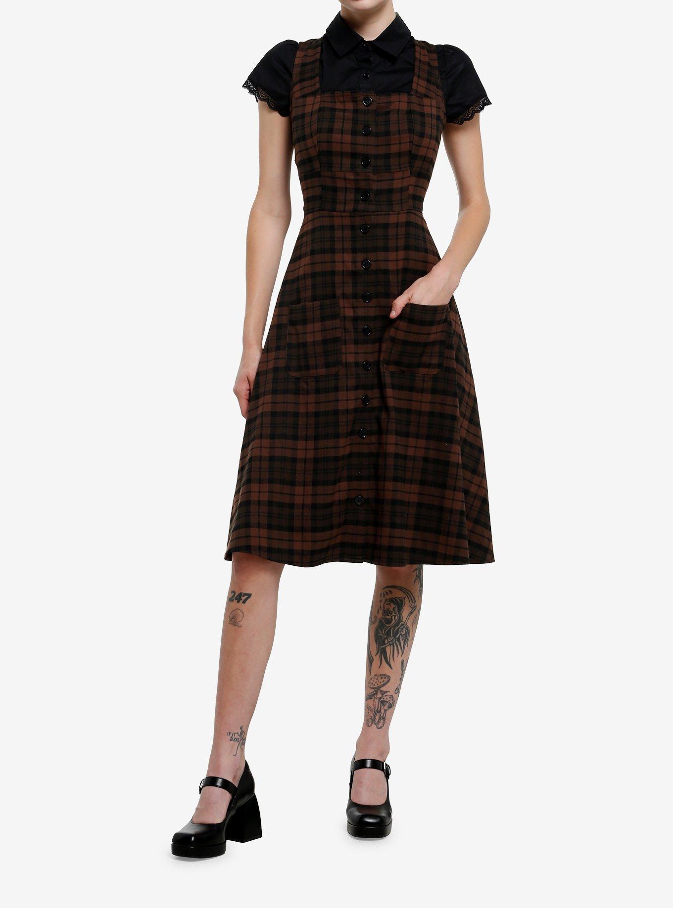 Thorn & Fable Brown Plaid Button-Down Tank Midi Dress, , hi-res