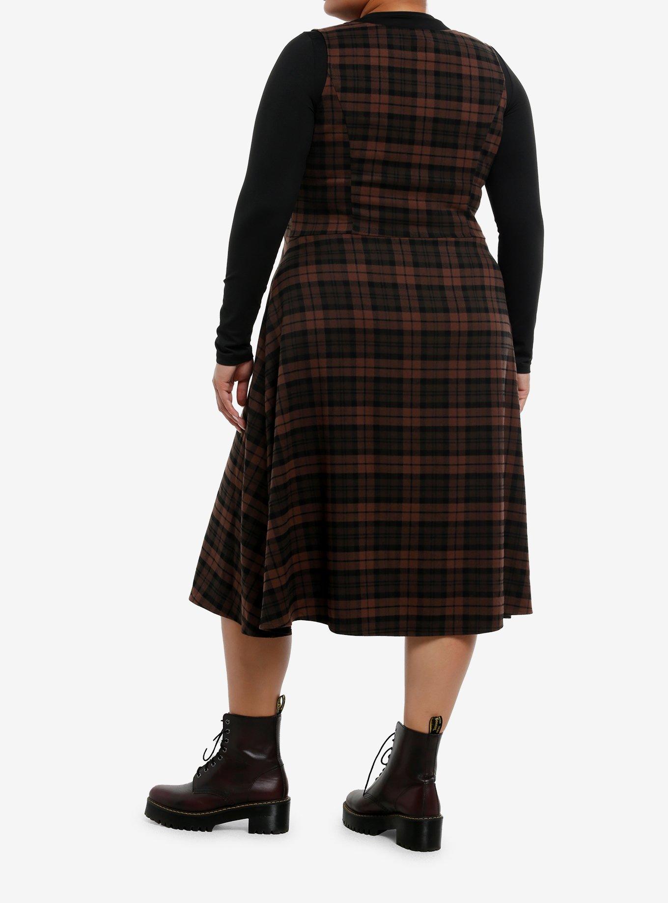 Thorn & Fable Brown Plaid Button-Down Tank Midi Dress Plus Size, , hi-res