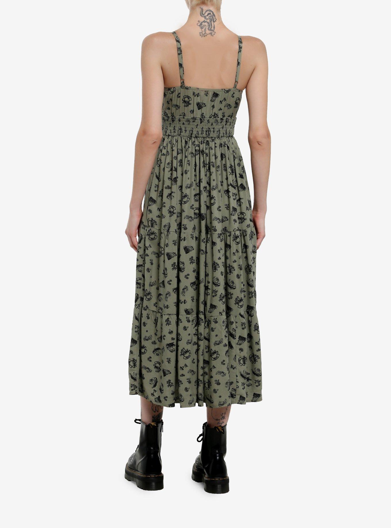Thorn & Fable Green Mushroom Frog Tea Tiered Midaxi Dress, , hi-res
