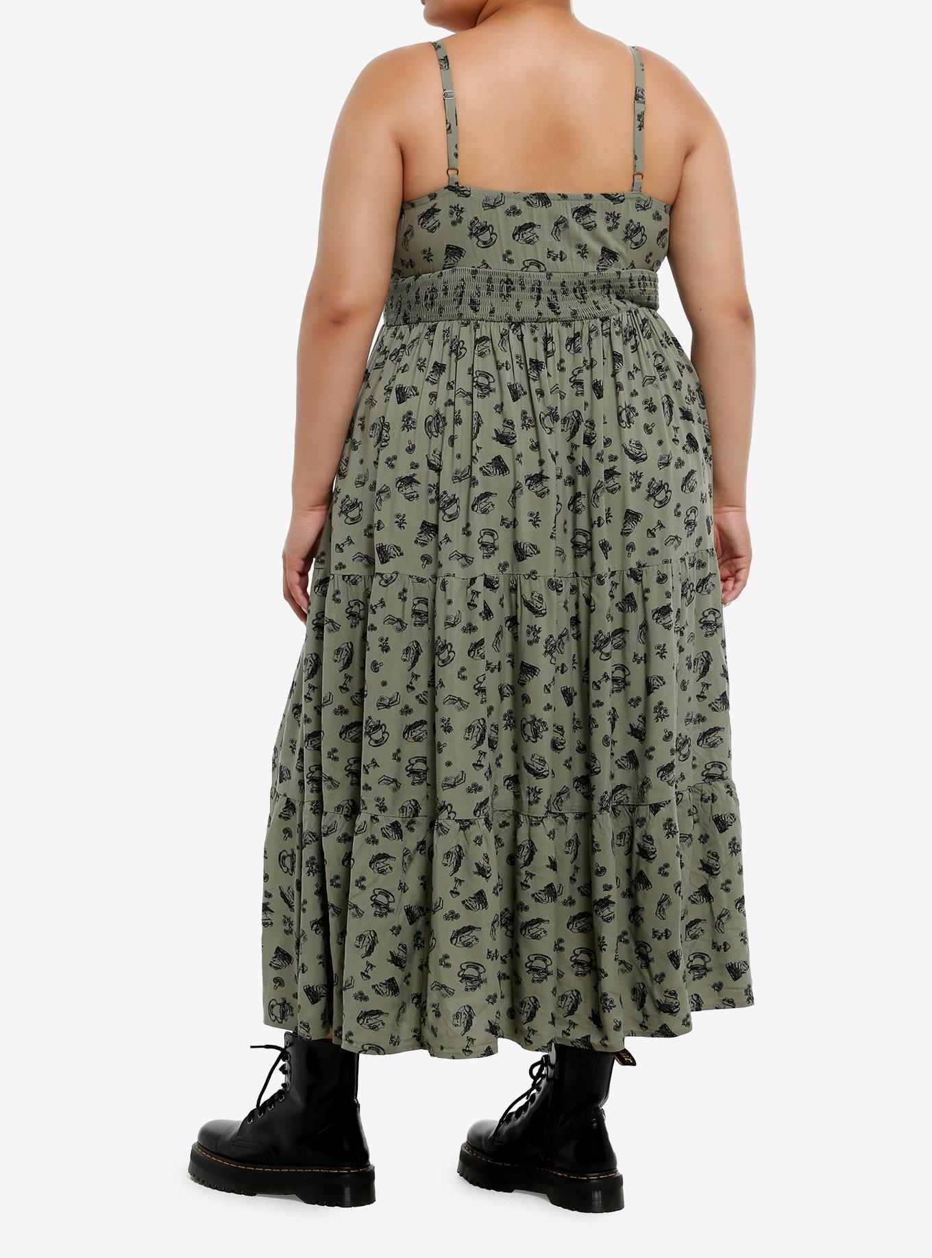 Thorn & Fable Green Mushroom Frog Tea Tiered Midaxi Dress Plus Size, , hi-res