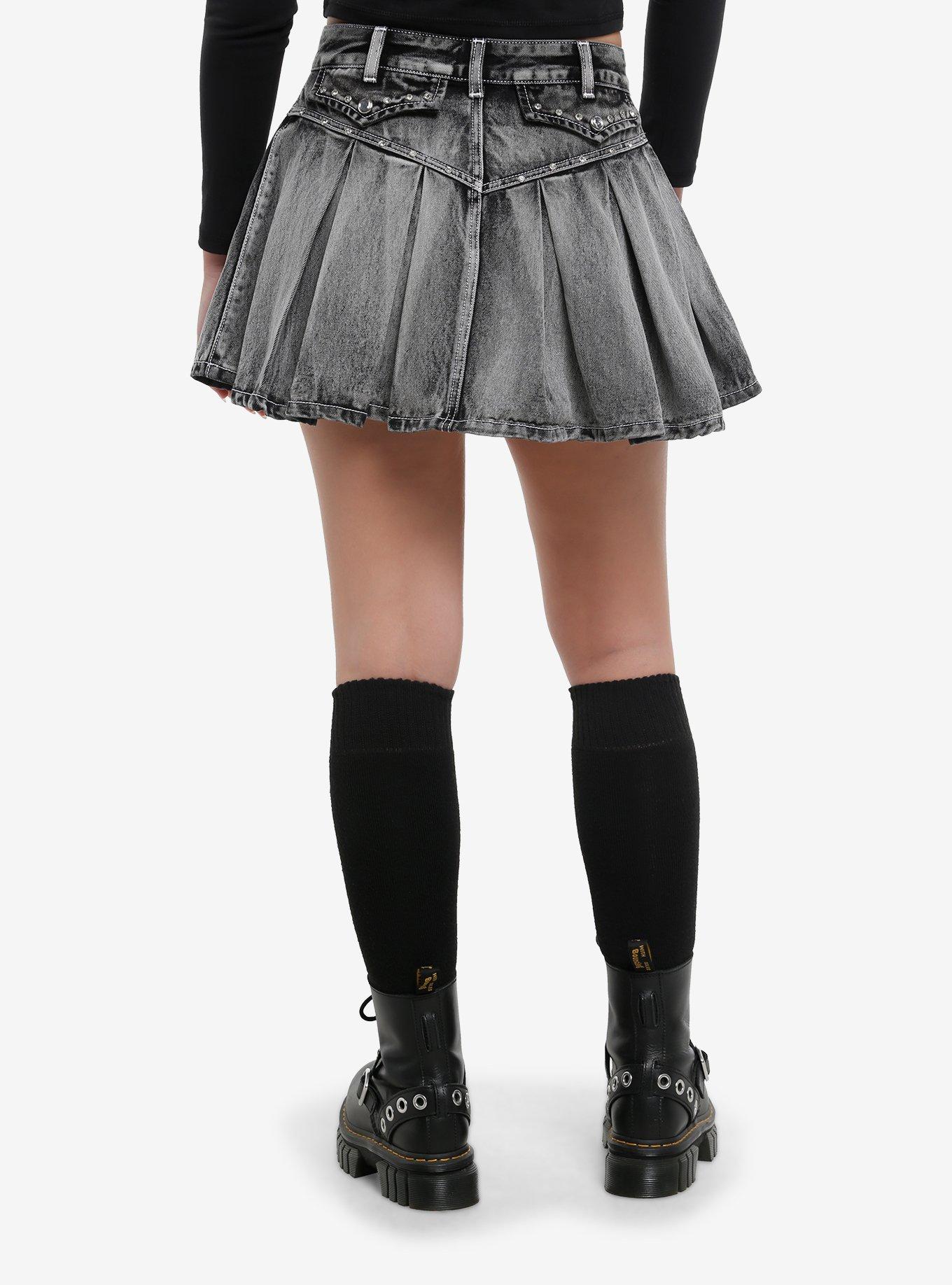 Social Collision Faded Black Denim & Rhinestone Pleated Mini Skirt, , hi-res