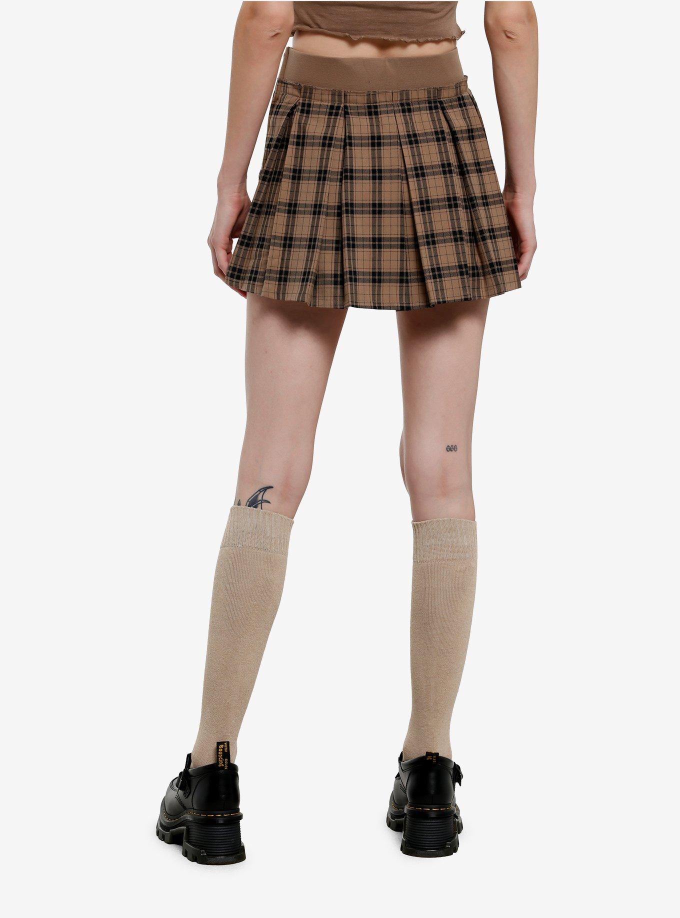 Social Collision Brown & Black Plaid Pleated Pull-On Mini Skirt, , hi-res