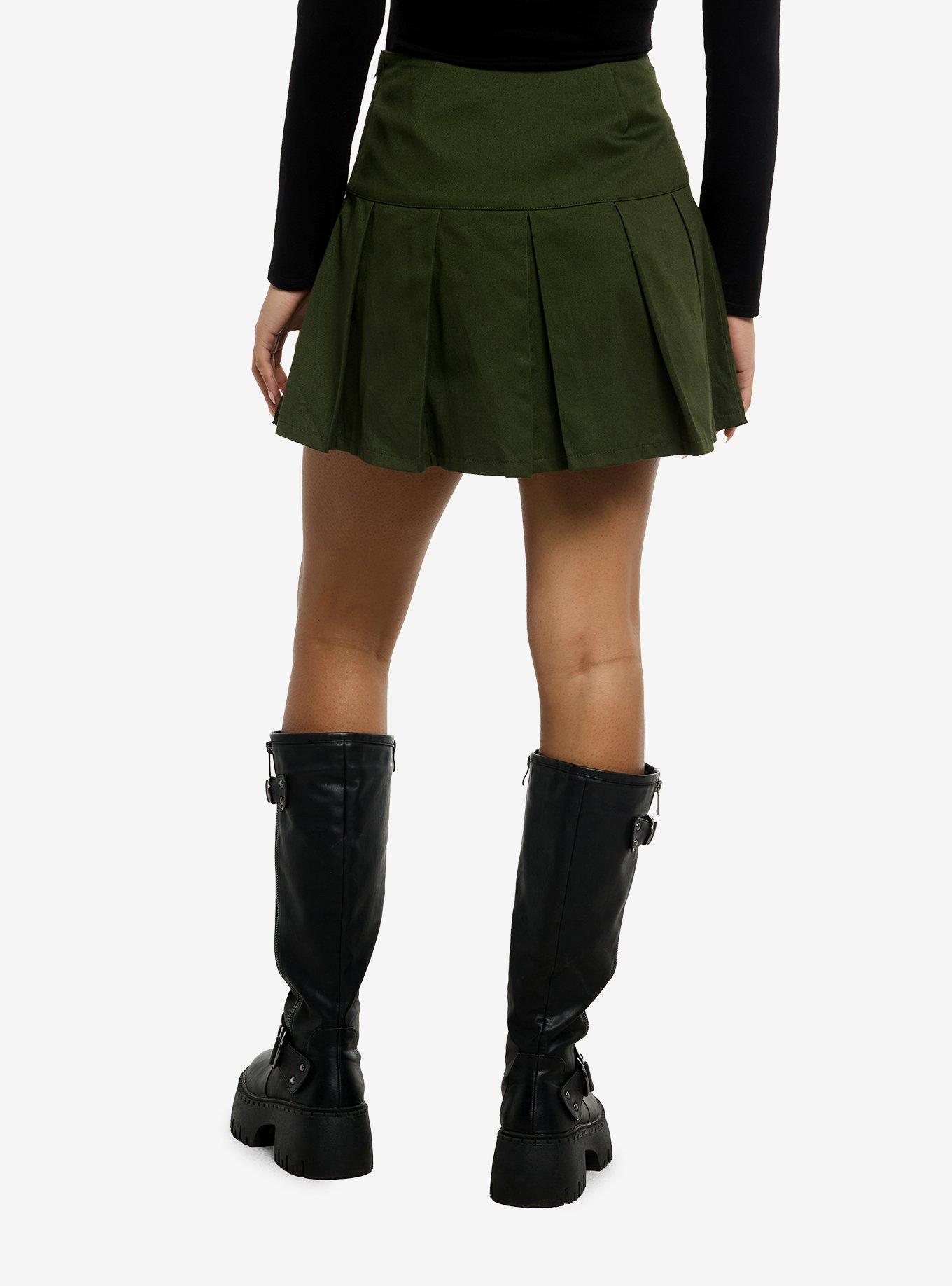 Thorn & Fable Green Grommet Tape Pleated Mini Skirt, , hi-res