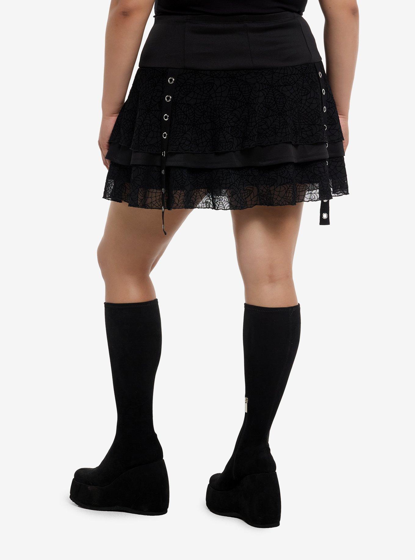Social Collision Spiderweb Lace Grommet Buckle Tiered Skirt Plus Size, , hi-res