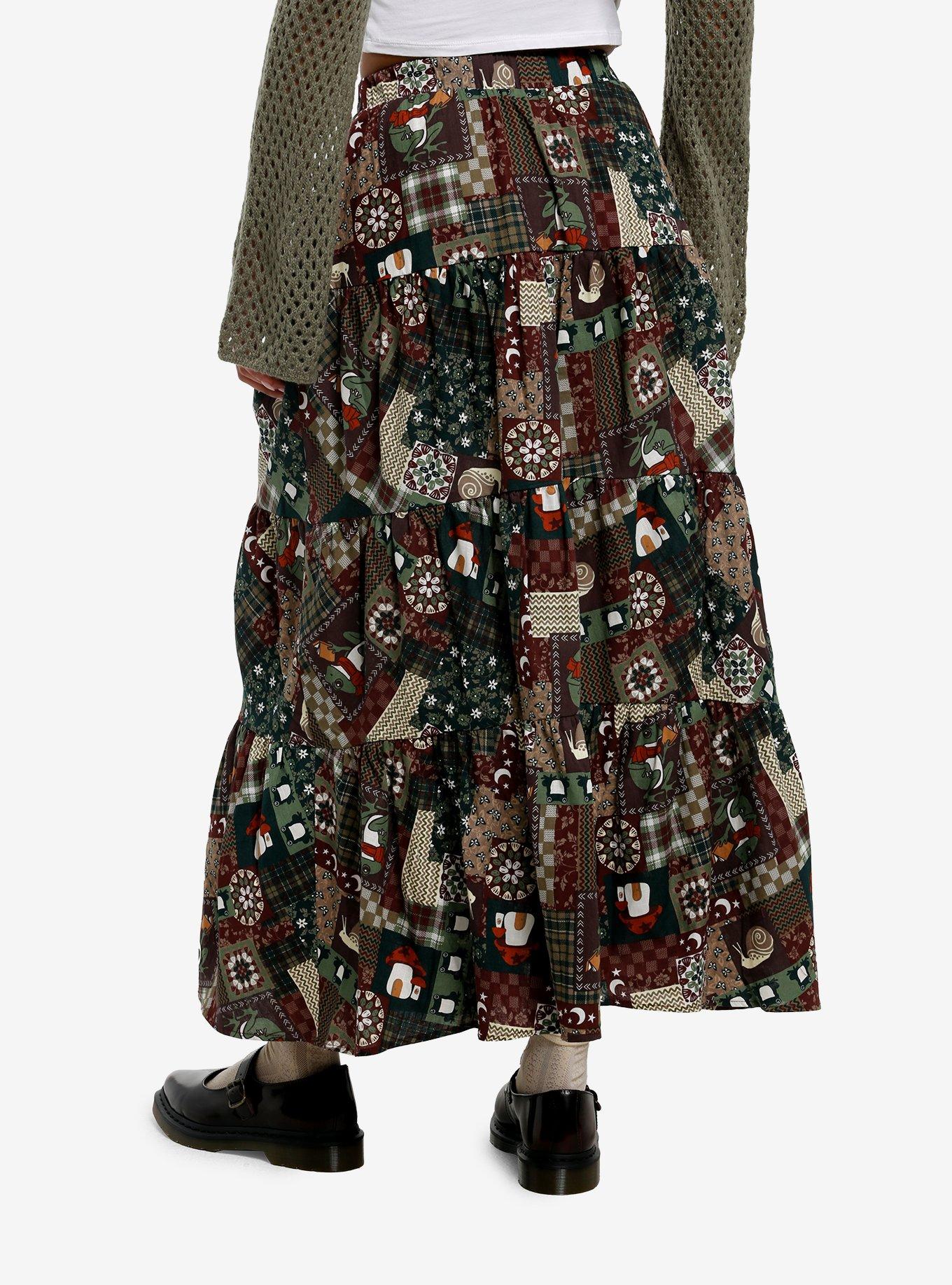 Thorn & Fable Frog & Mushroom Patchwork Maxi Skirt, BROWN, alternate