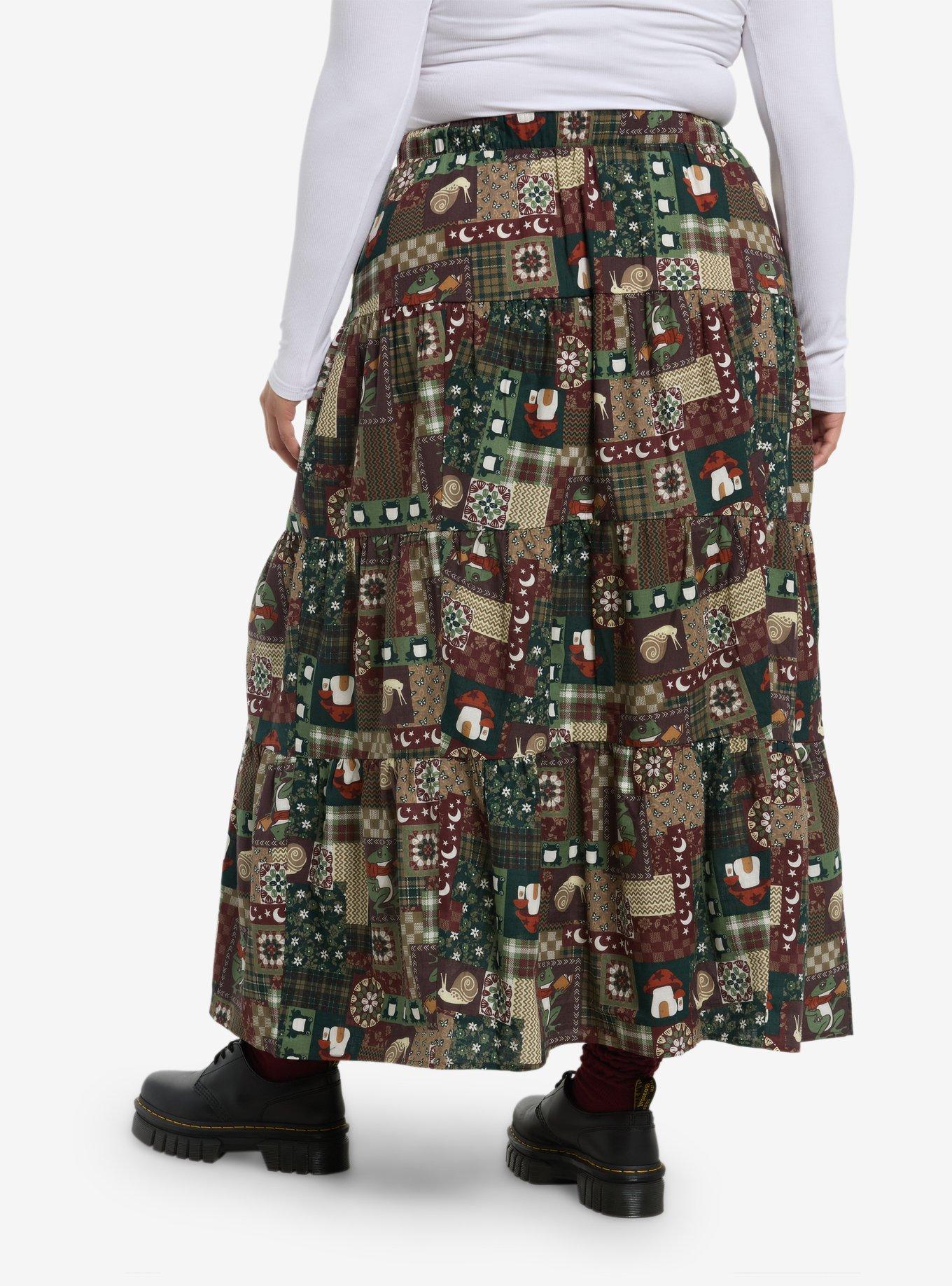Thorn & Fable Frog & Mushroom Patchwork Maxi Skirt Plus Size, , hi-res