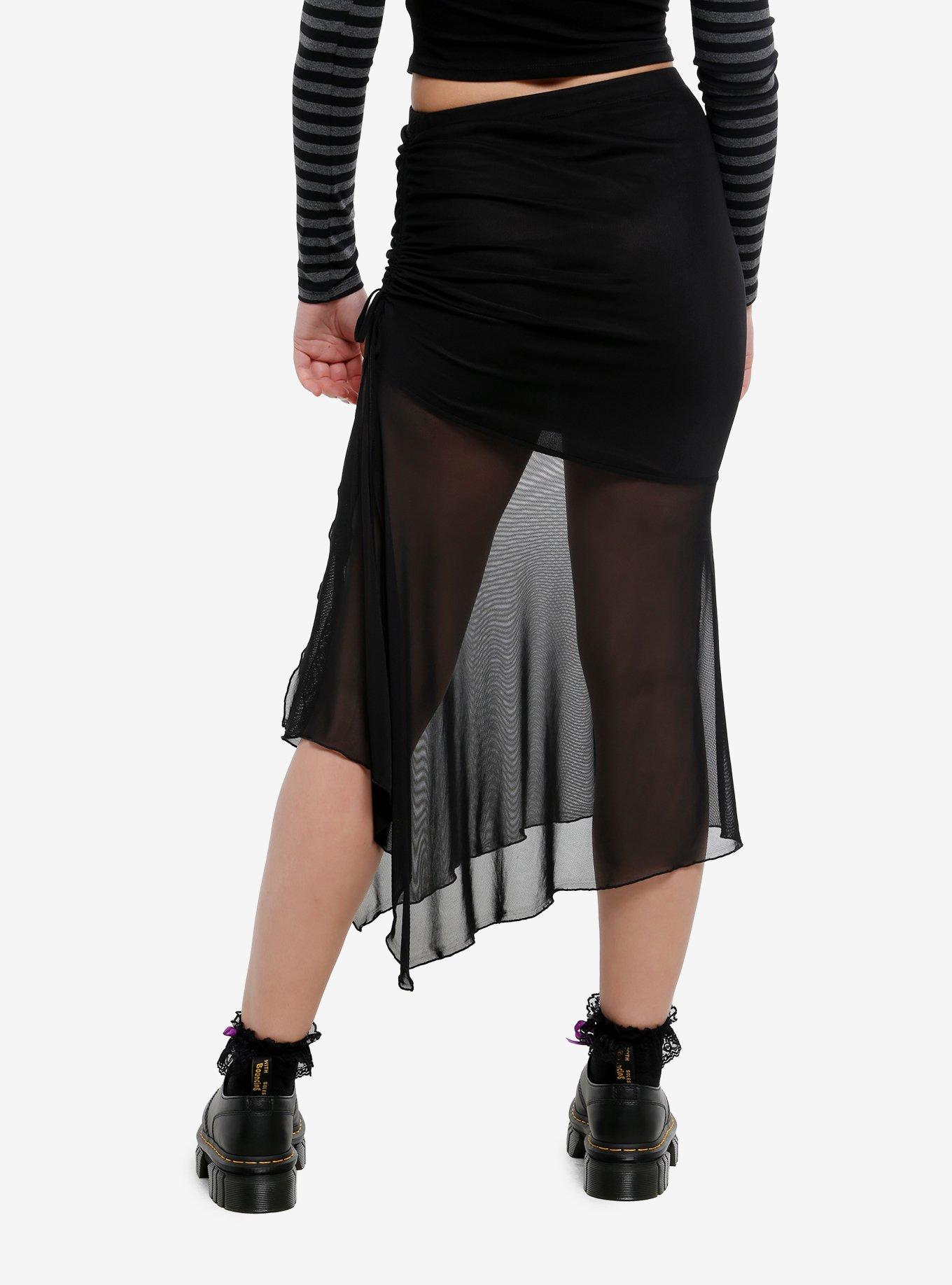 Black Mesh Ruched Midi Skirt, , hi-res