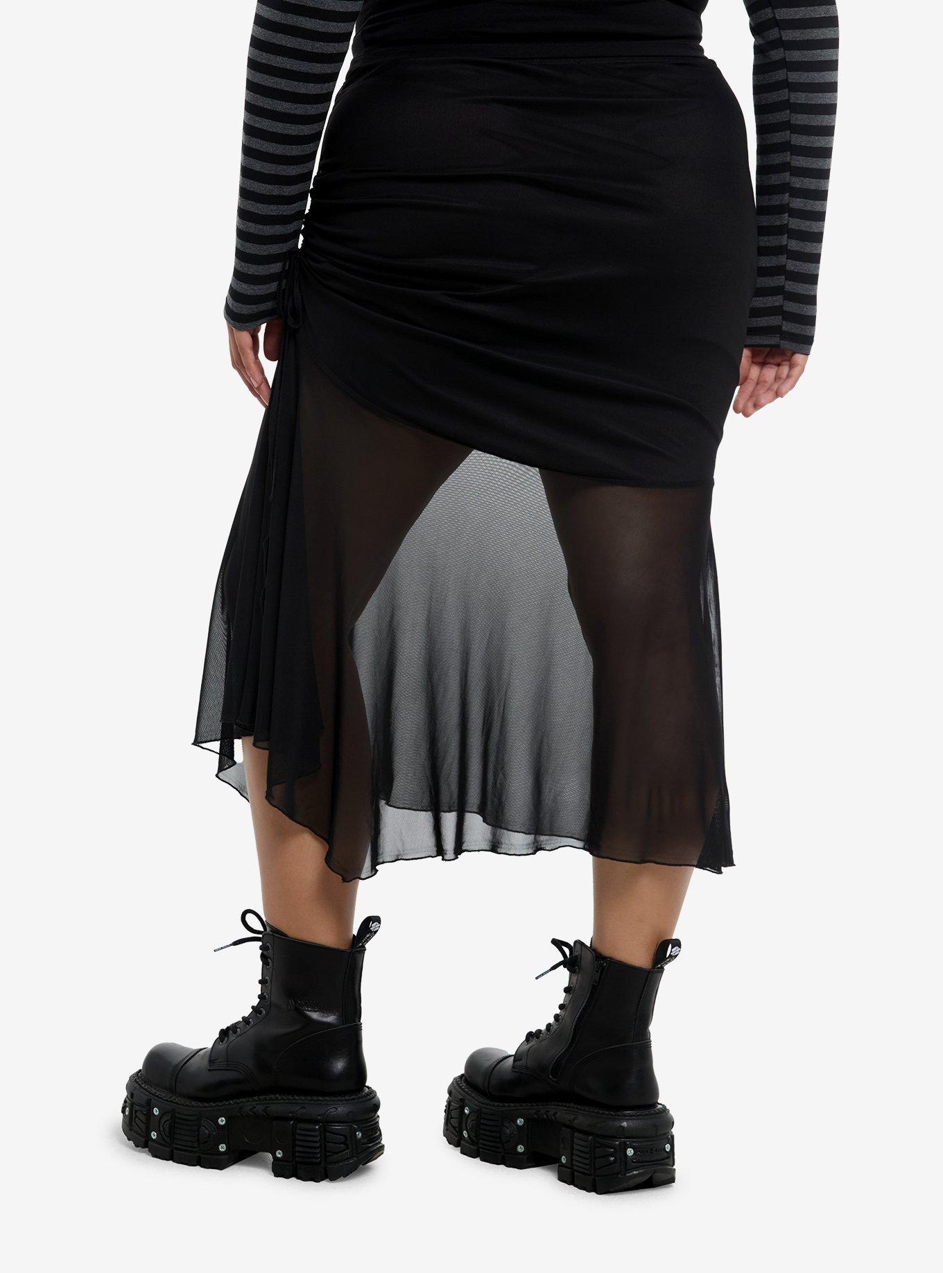 Black Mesh Ruched Midi Skirt Plus Size, , hi-res