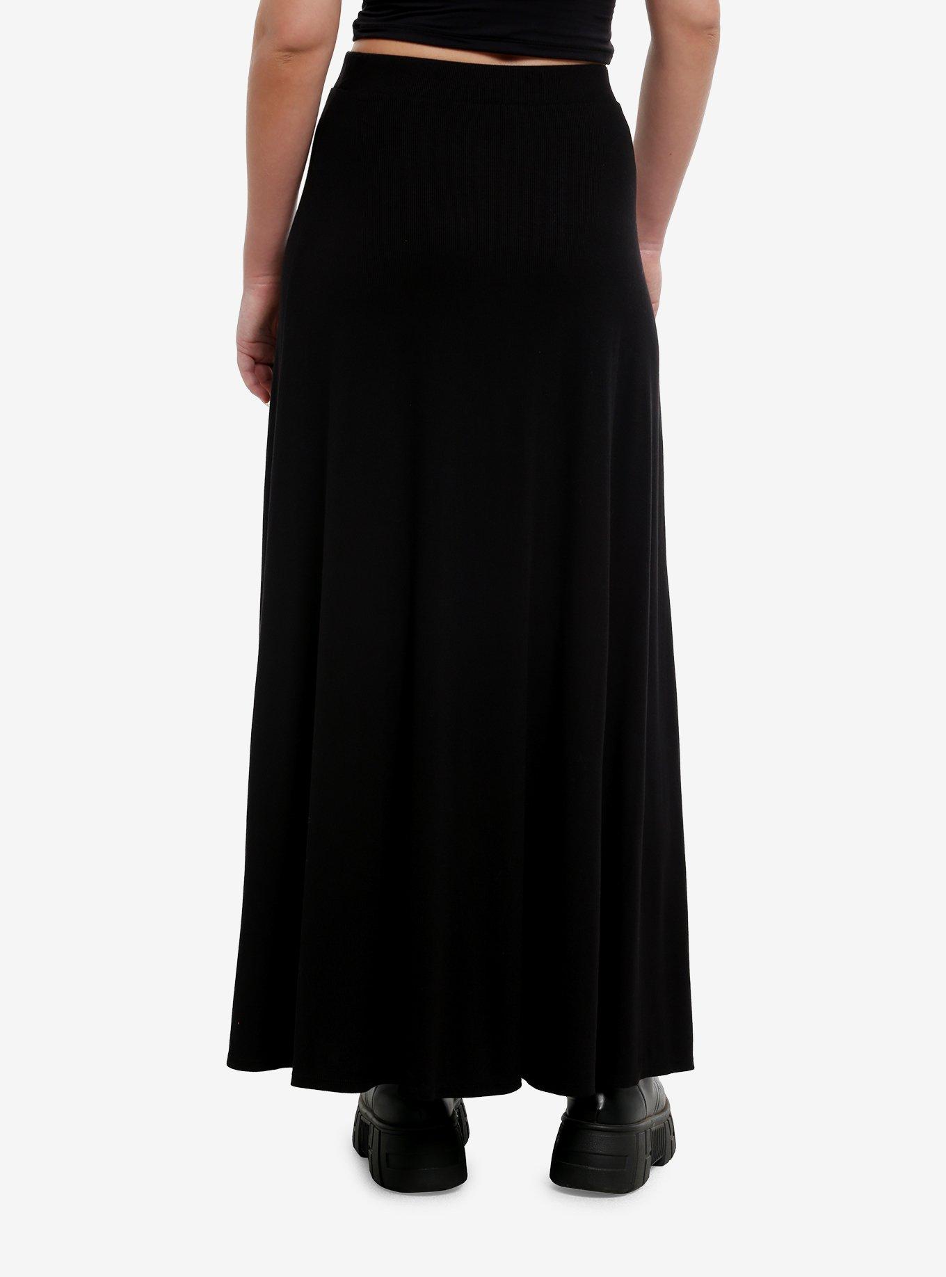 Cosmic Aura Black Ribbed Lace-Up Maxi Skirt, , hi-res