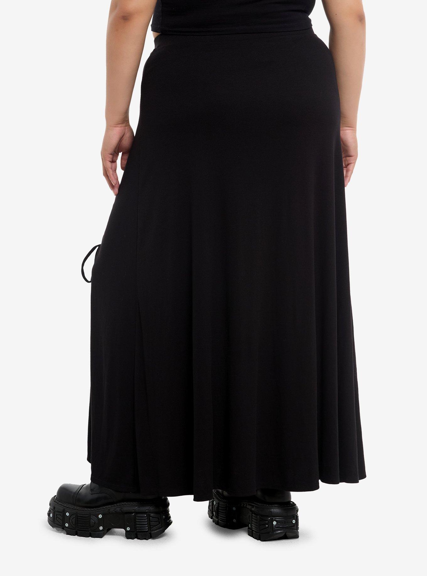 Cosmic Aura Black Ribbed Lace-Up Maxi Skirt Plus Size, , hi-res