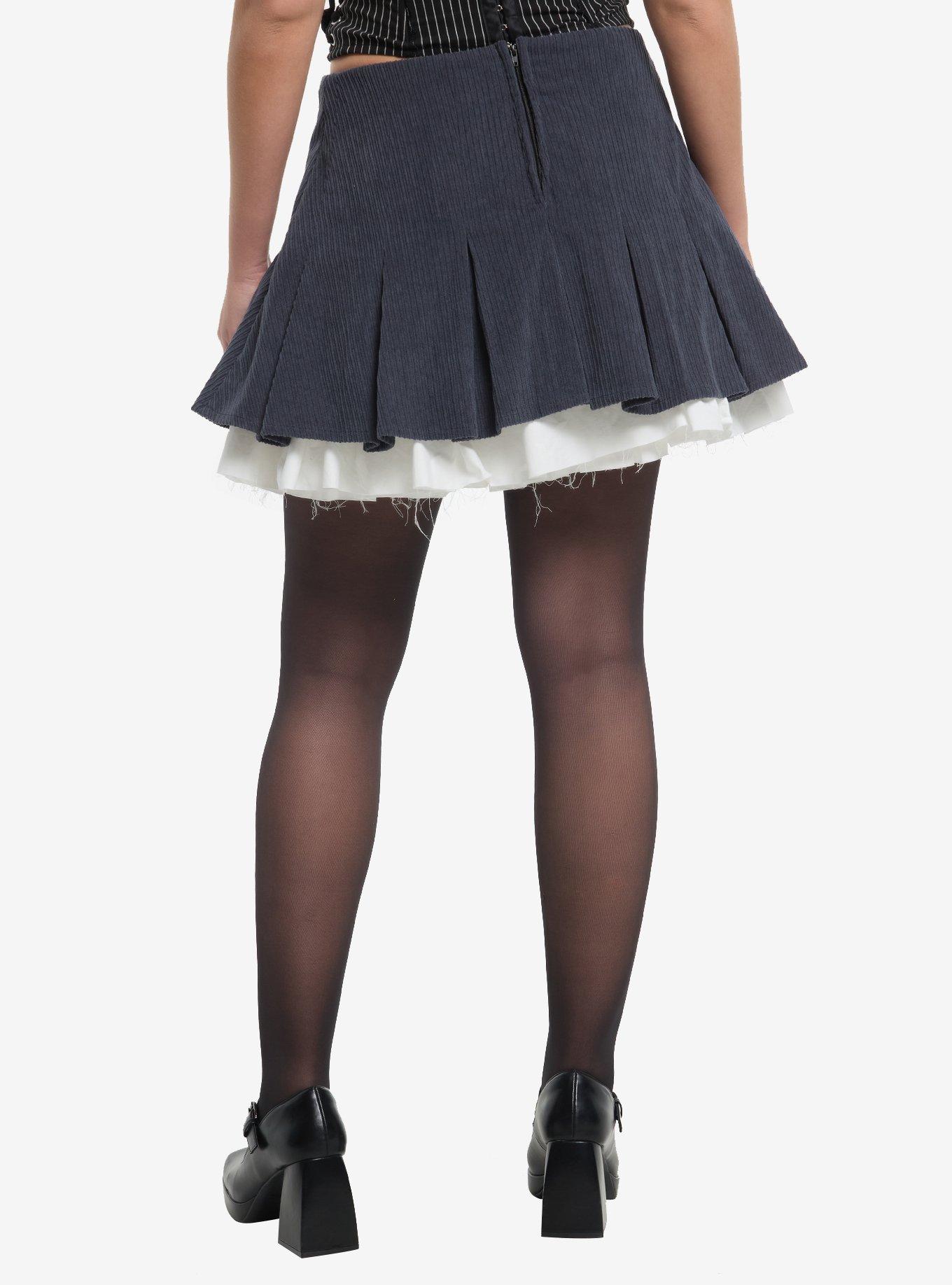 Grey Corduroy Raw Hem Layer Pleated Skirt, , hi-res