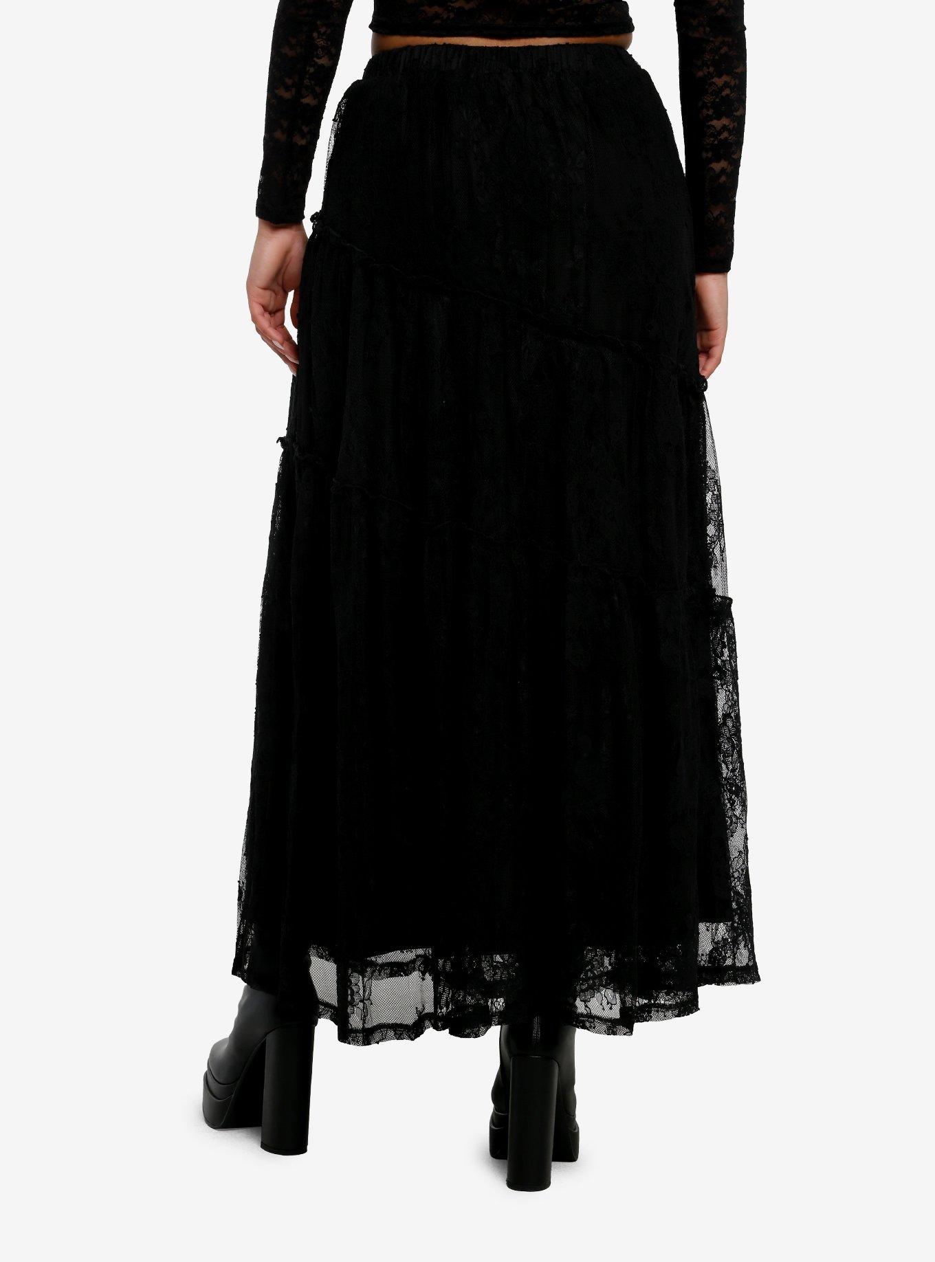 Cosmic Aura Black Lace Tiered Maxi Skirt, , hi-res