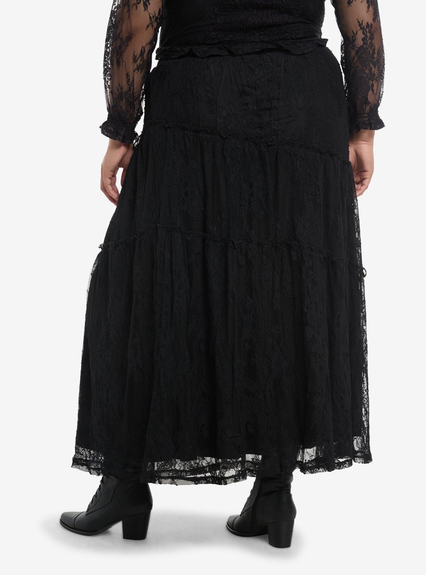 Cosmic Aura Black Lace Tiered Maxi Skirt Plus Size, , hi-res