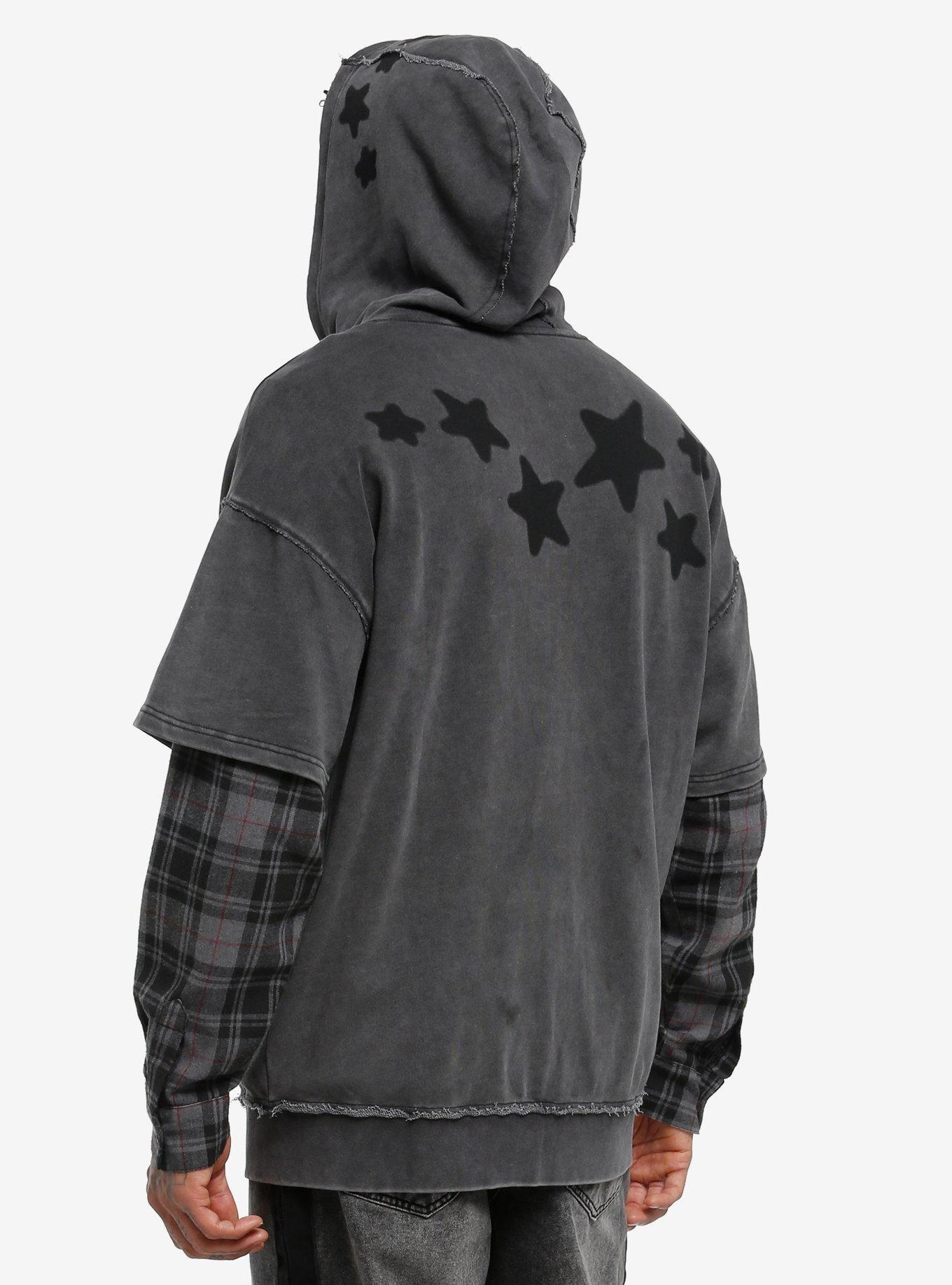 Black Star Plaid Twofer Short-Sleeve Hoodie, , hi-res
