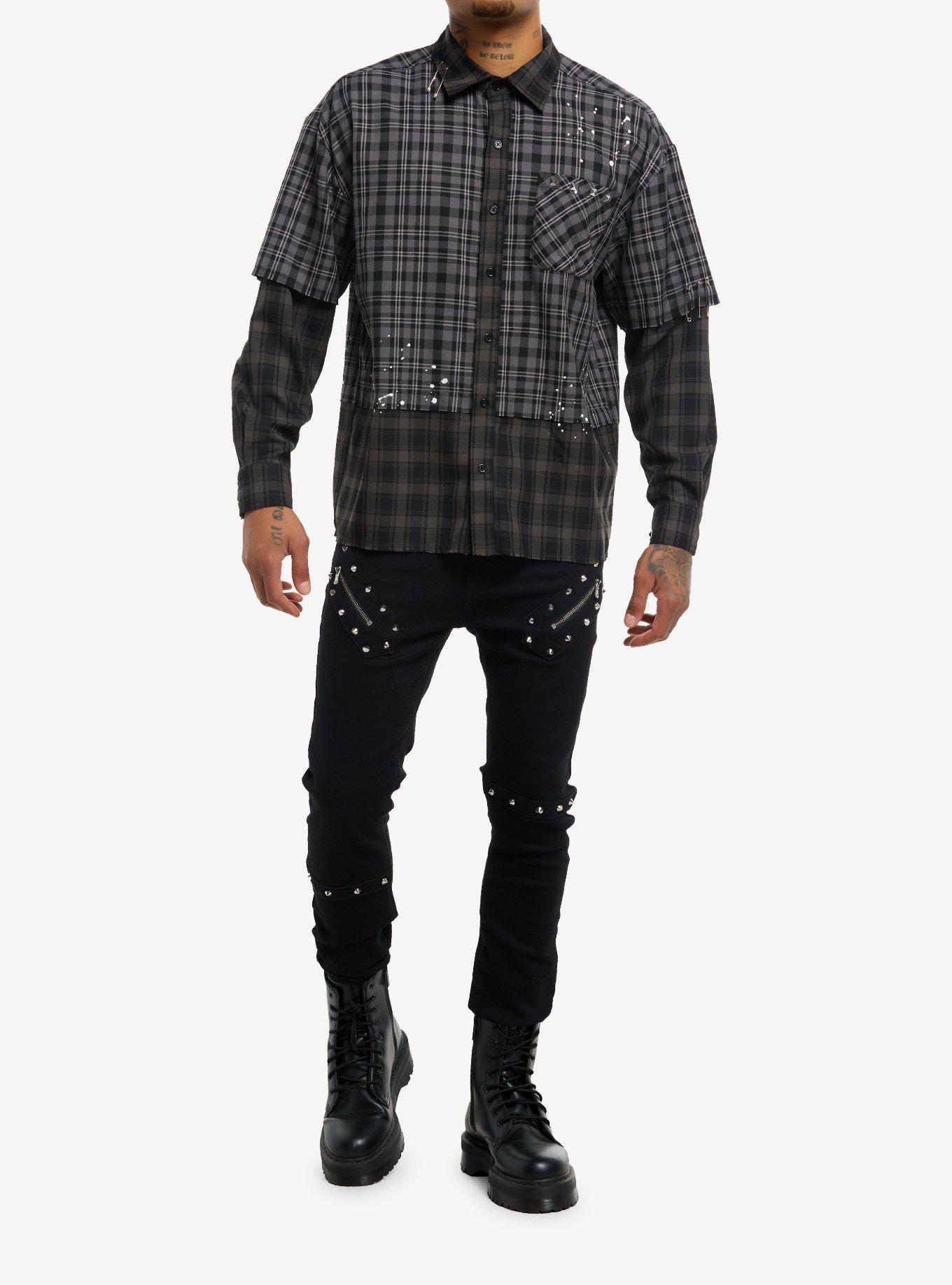 Grey Plaid Twofer Woven Button-Up, GREY, alternate