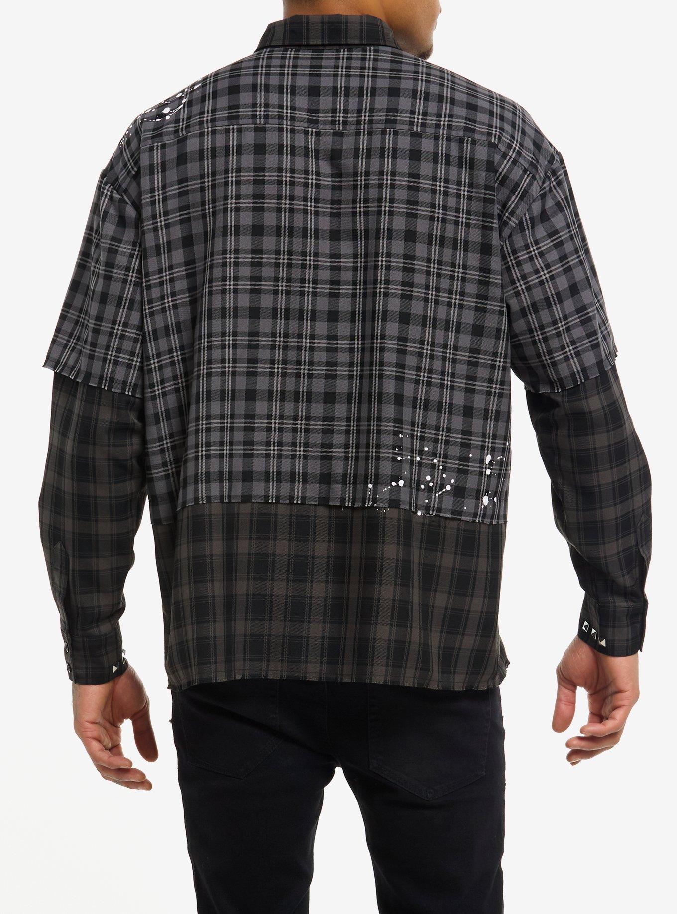 Grey Plaid Twofer Woven Button-Up, GREY, alternate