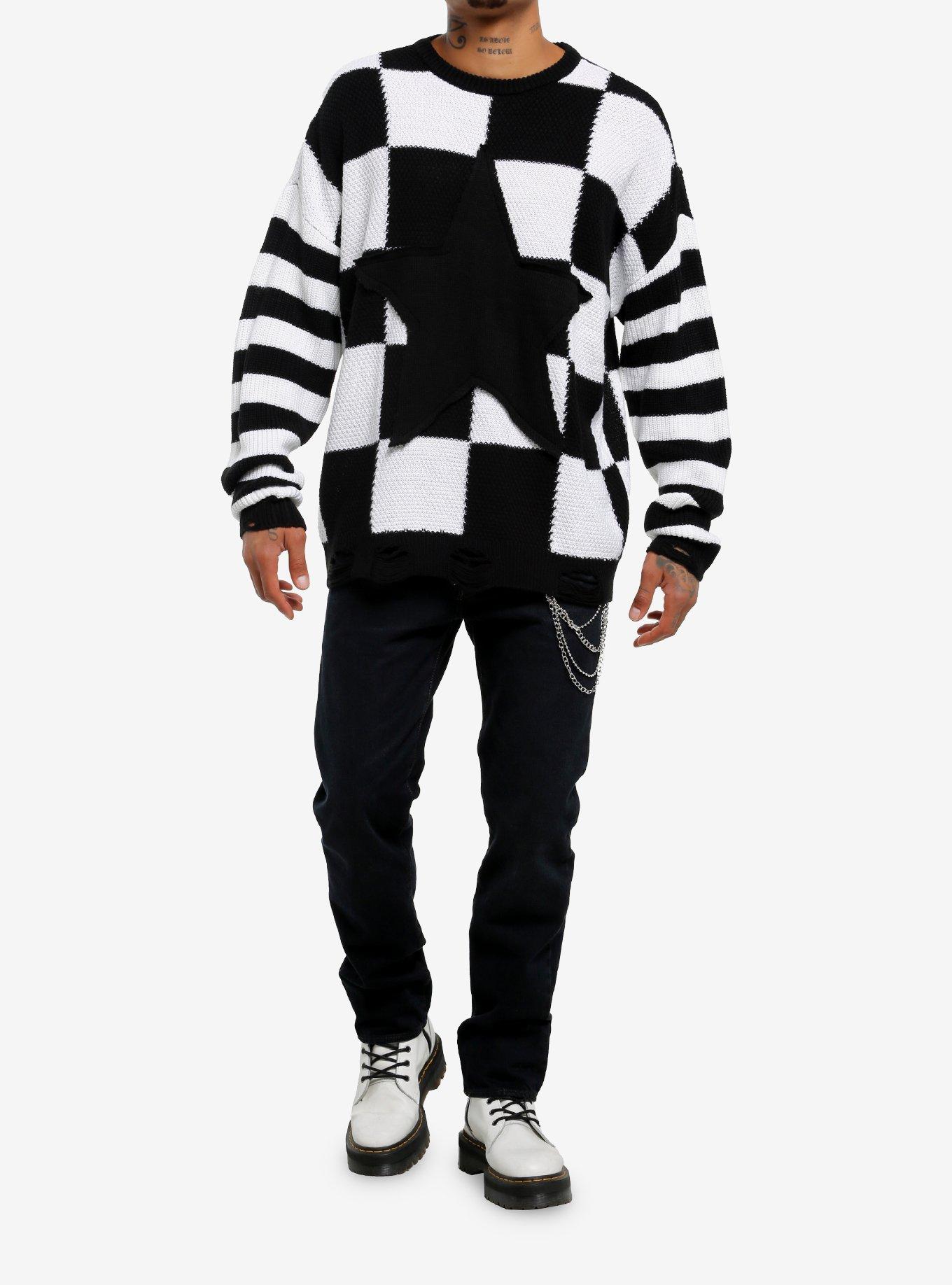 Black Star Checkered Knit Sweater, , hi-res