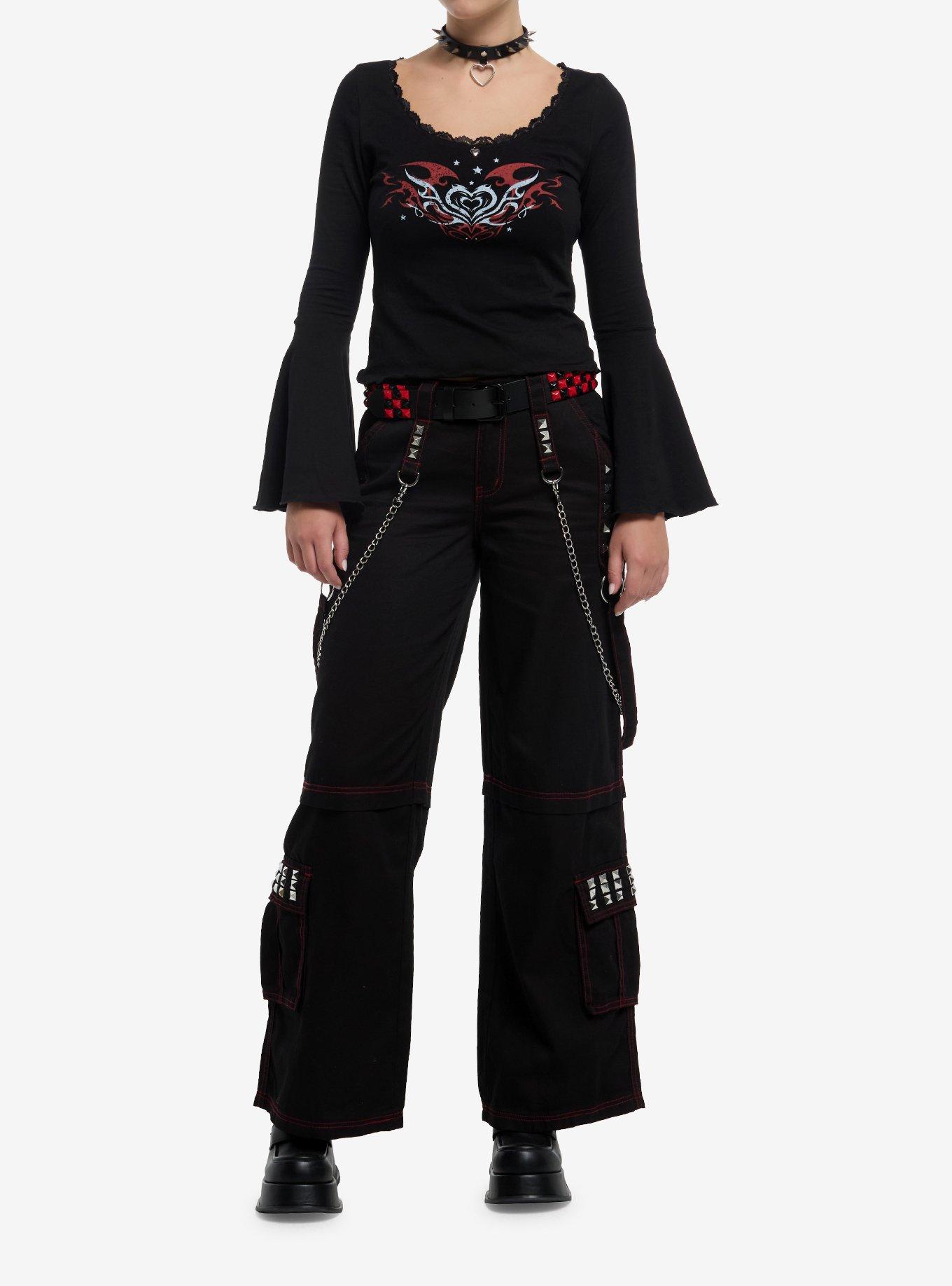 Black & Red Y2K Flame Heart Girls Bell Sleeve Top, , hi-res