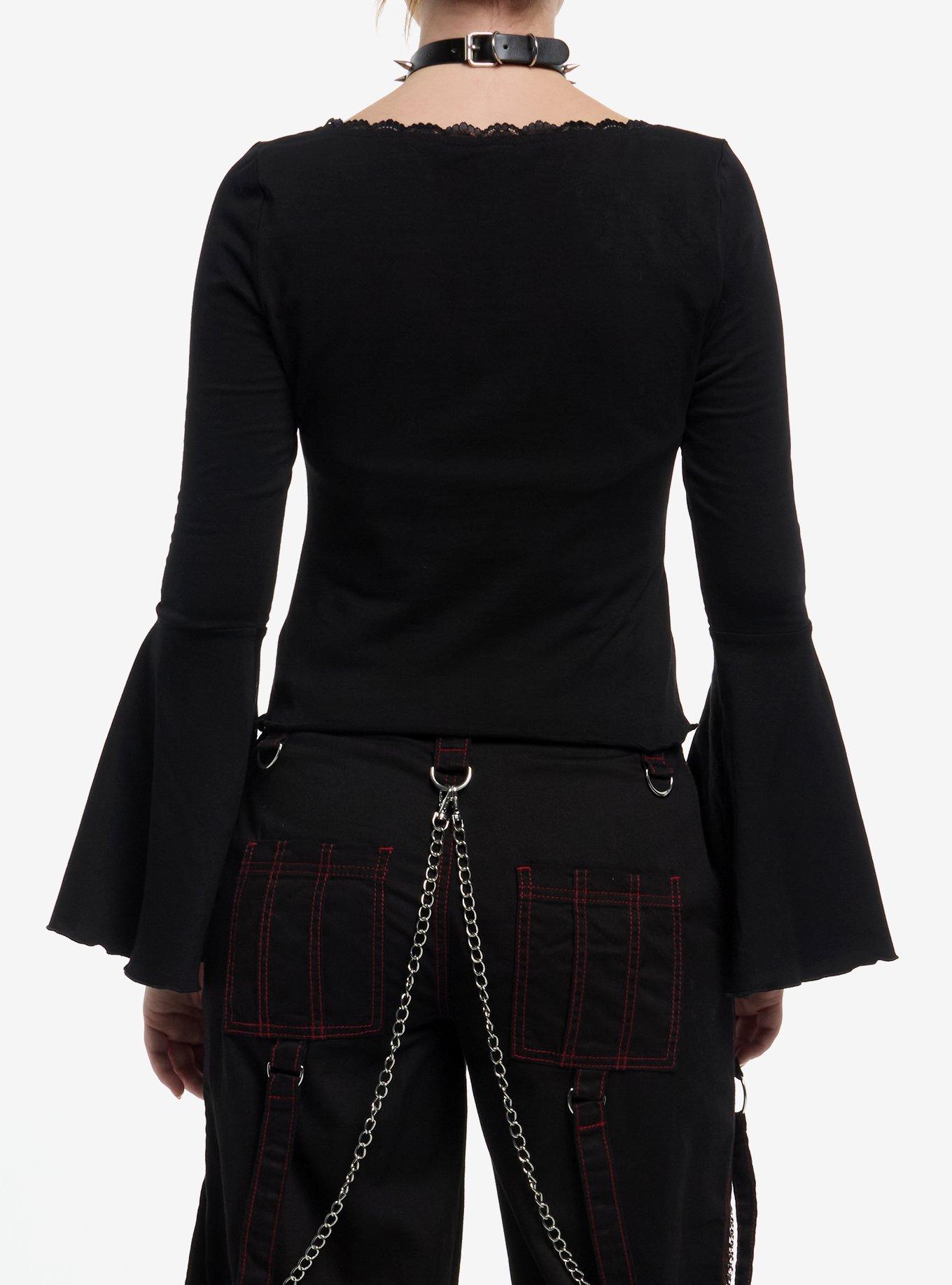 Black & Red Y2K Flame Heart Girls Bell Sleeve Top, RED, alternate