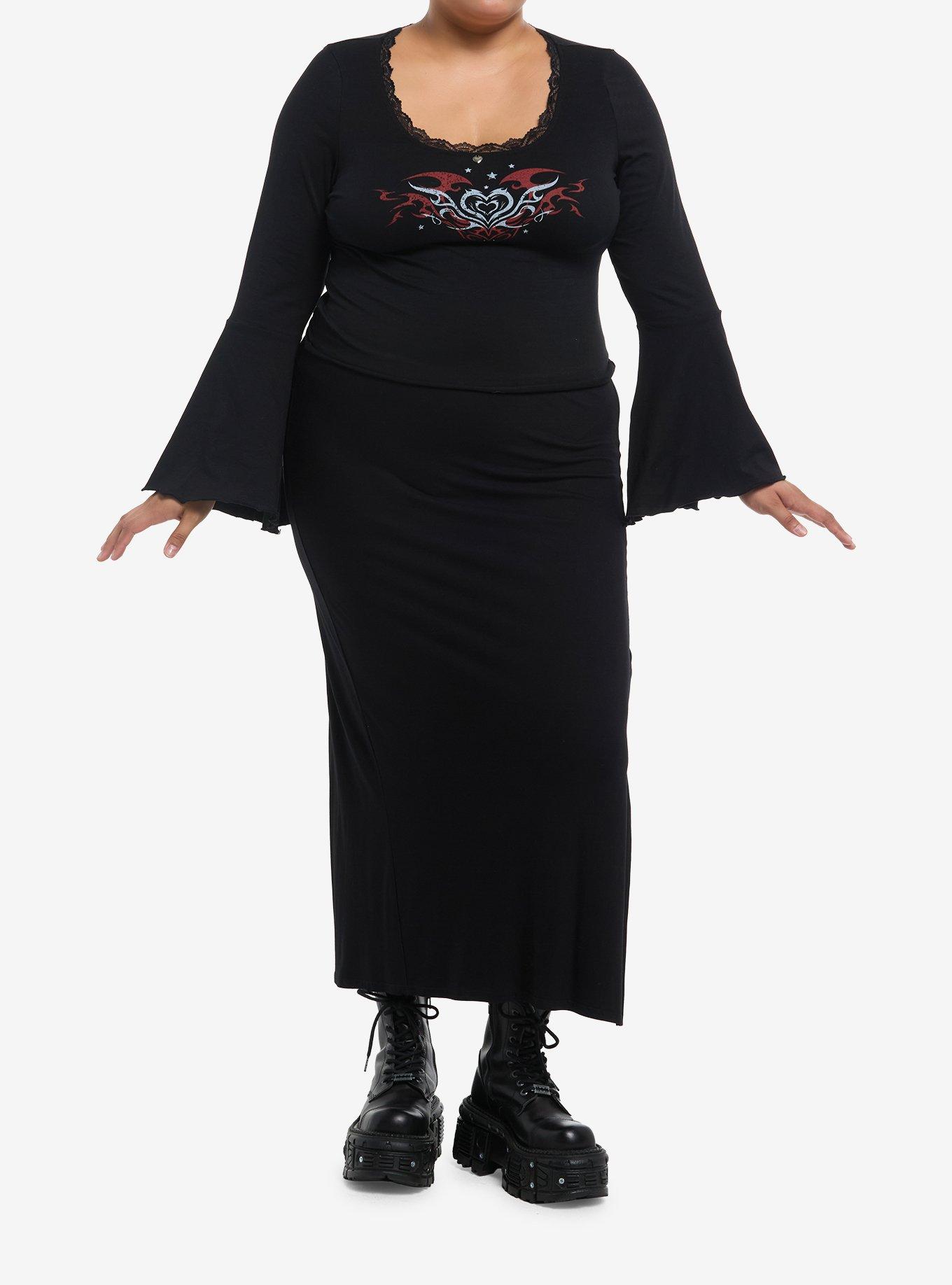 Black & Red Y2K Flame Heart Girls Bell Sleeve Top Plus Size, , hi-res