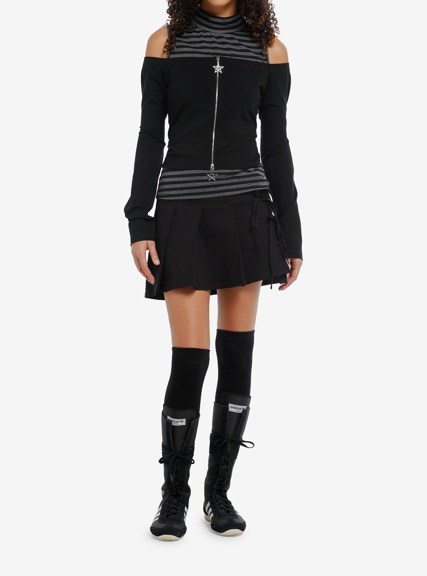 Black & Grey Stripe Girls Long-Sleeve Twofer Top, , hi-res