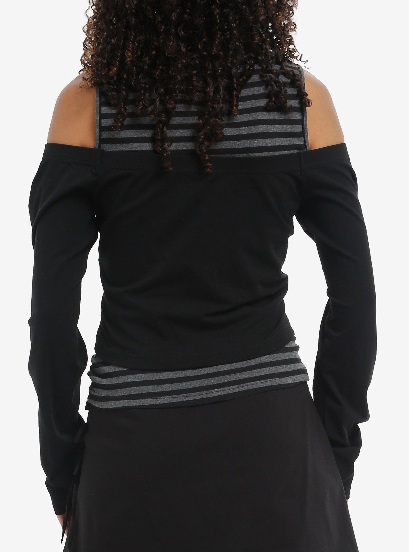 Black & Grey Stripe Cold Shoulder Girls Long-Sleeve Twofer, , hi-res