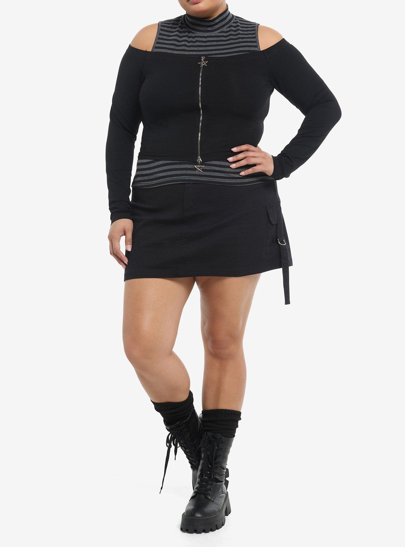 Black & Grey Stripe Cold Shoulder Girls Long-Sleeve Twofer Plus Size, , hi-res