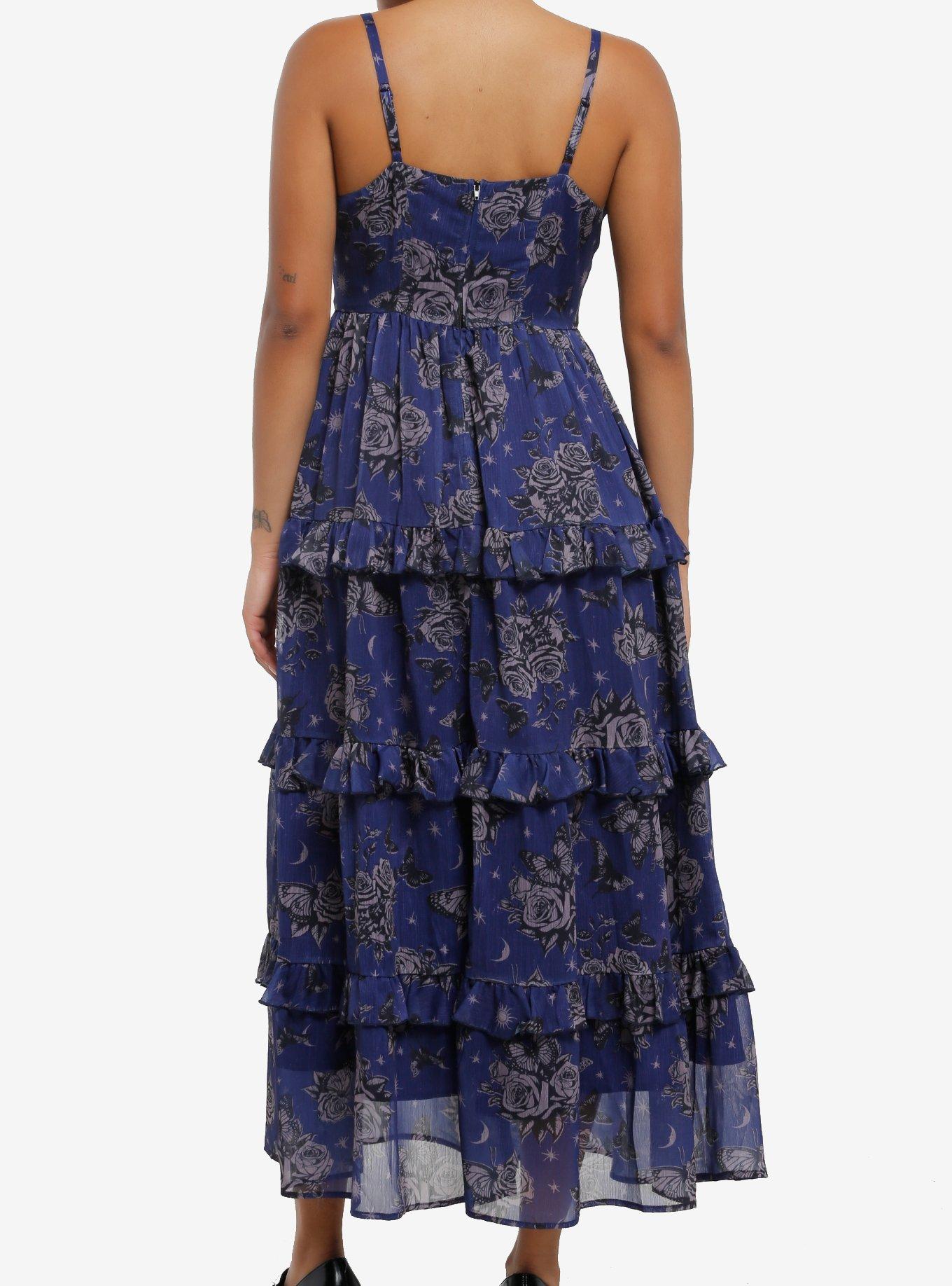 Cosmic Aura Butterfly Rose Tiered Midaxi Dress, NAVY, alternate
