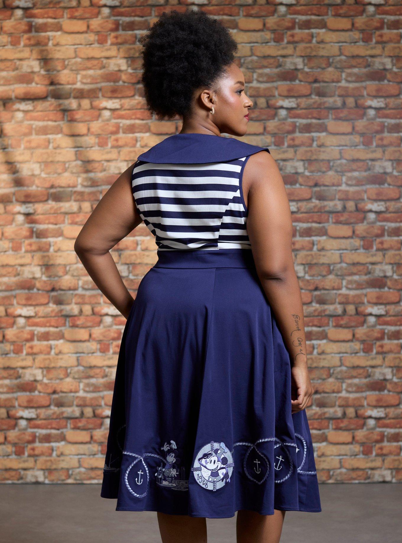 Her Universe Disney Steamboat Willie Sailor Retro Dress Plus Size Her Universe Exclusive, NAVY  WHITE, alternate