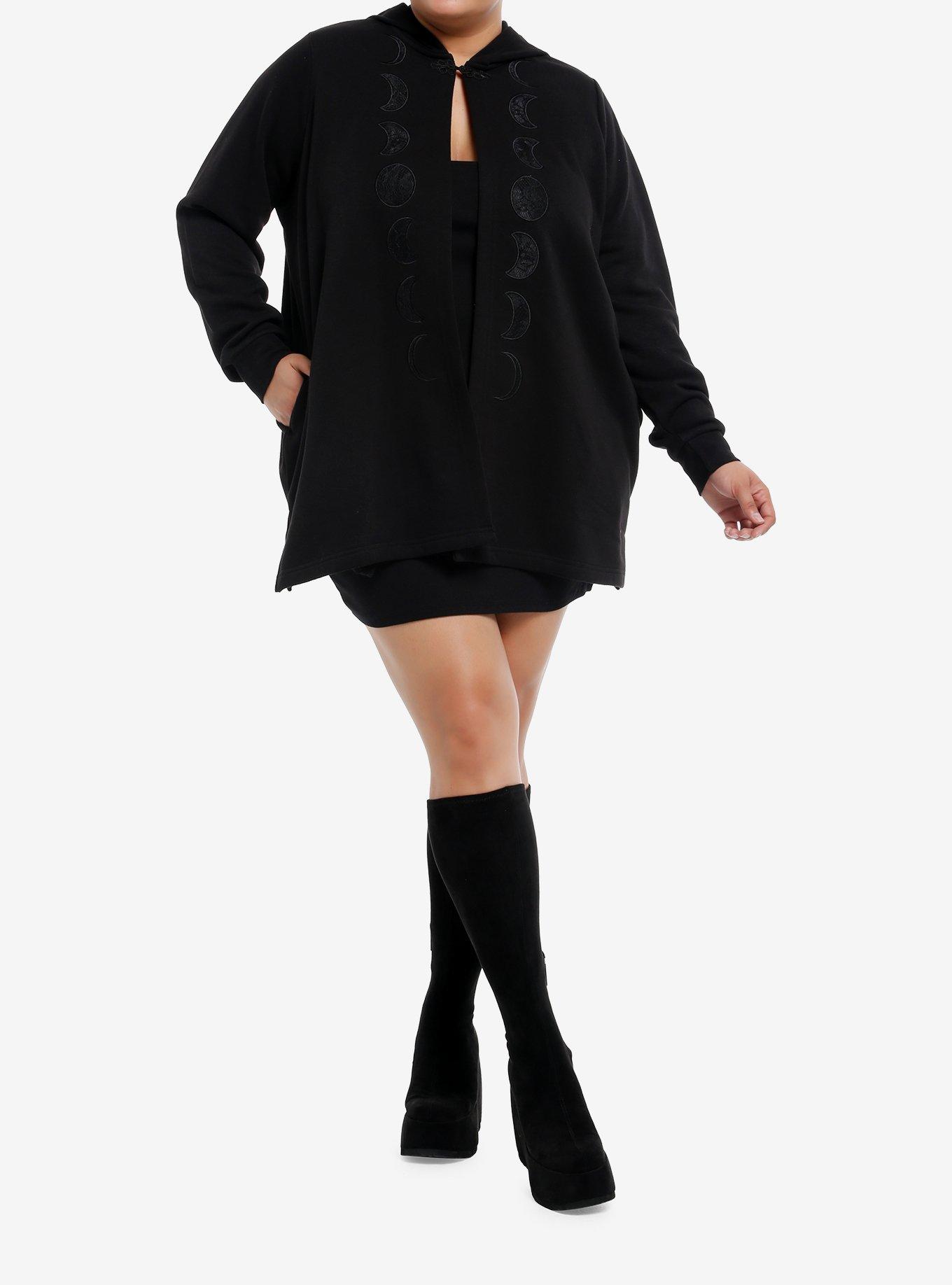 Cosmic Aura Moon Phases Lace Cutout Girls Hooded Cardigan Plus Size, BLACK, alternate