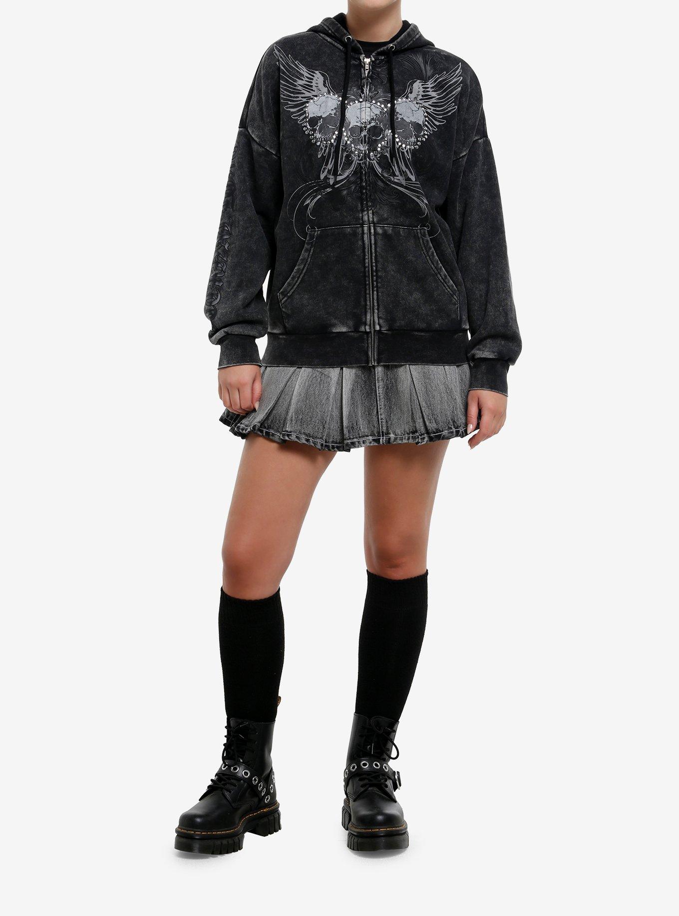 Social Collision Black Skull Trio Studded Girls Hoodie, , hi-res