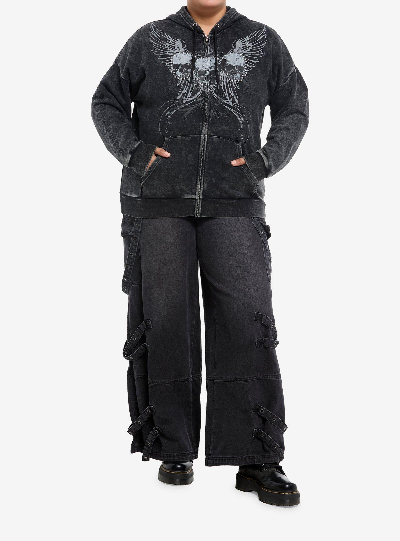 Social Collision Black Skull Trio Studded Girls Hoodie Plus Size, BLACK, alternate