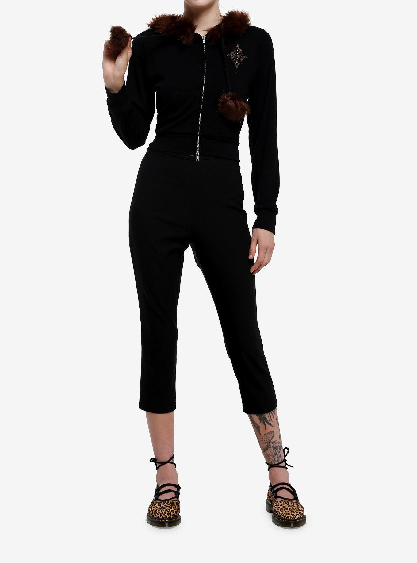 Social Collision Black & Brown Faux Fur Trim Girls Crop Hoodie, , hi-res