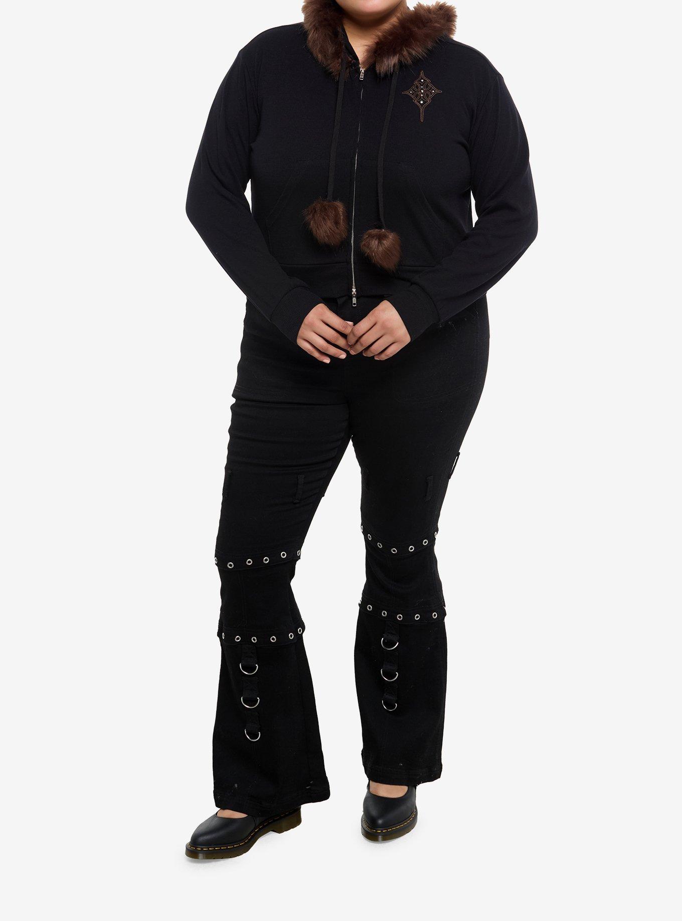 Social Collision Black & Brown Faux Fur Trim Crop Girls Hoodie Plus Size, , hi-res