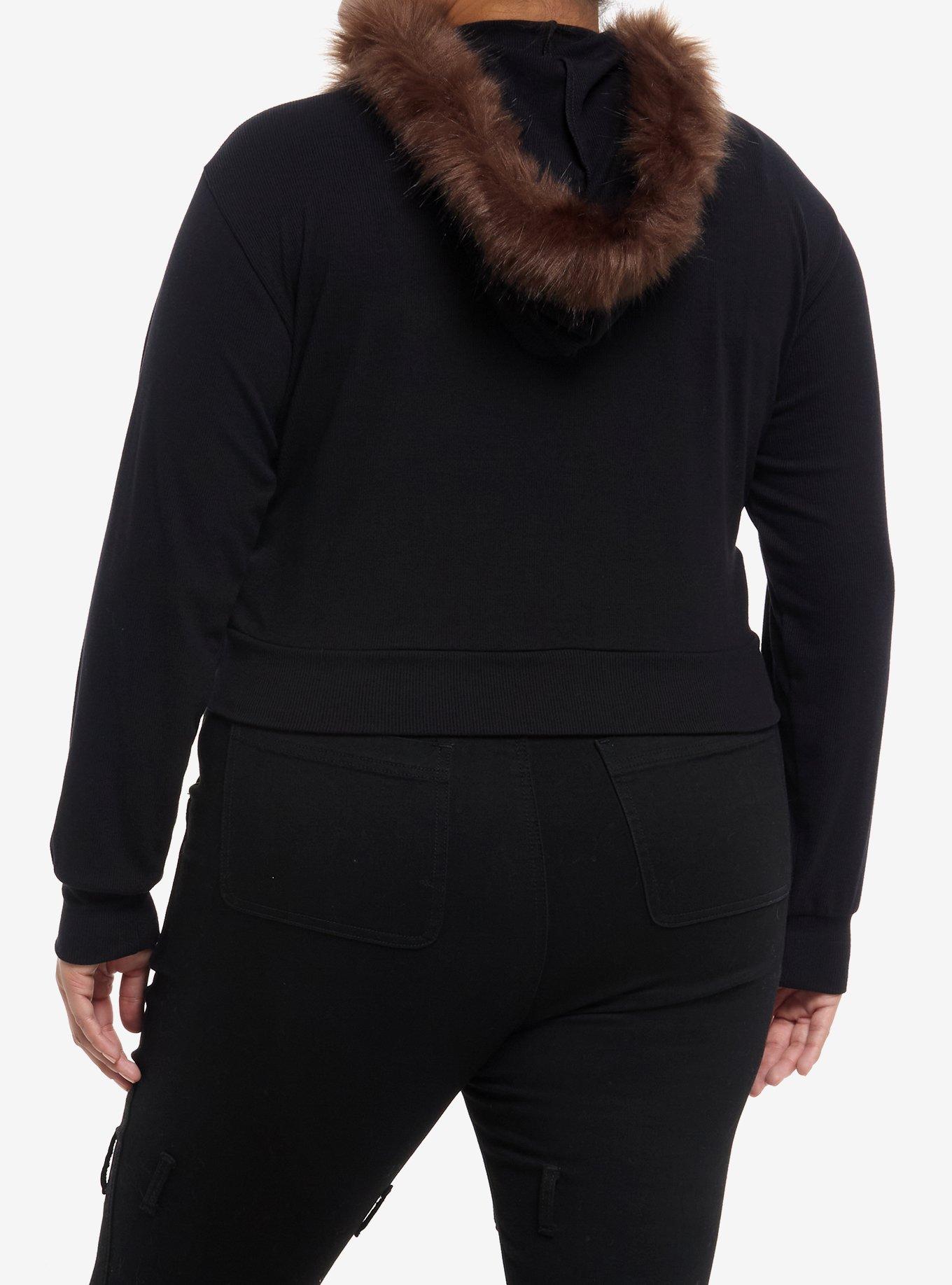 Social Collision Black & Brown Faux Fur Trim Crop Girls Hoodie Plus Size, BROWN, alternate