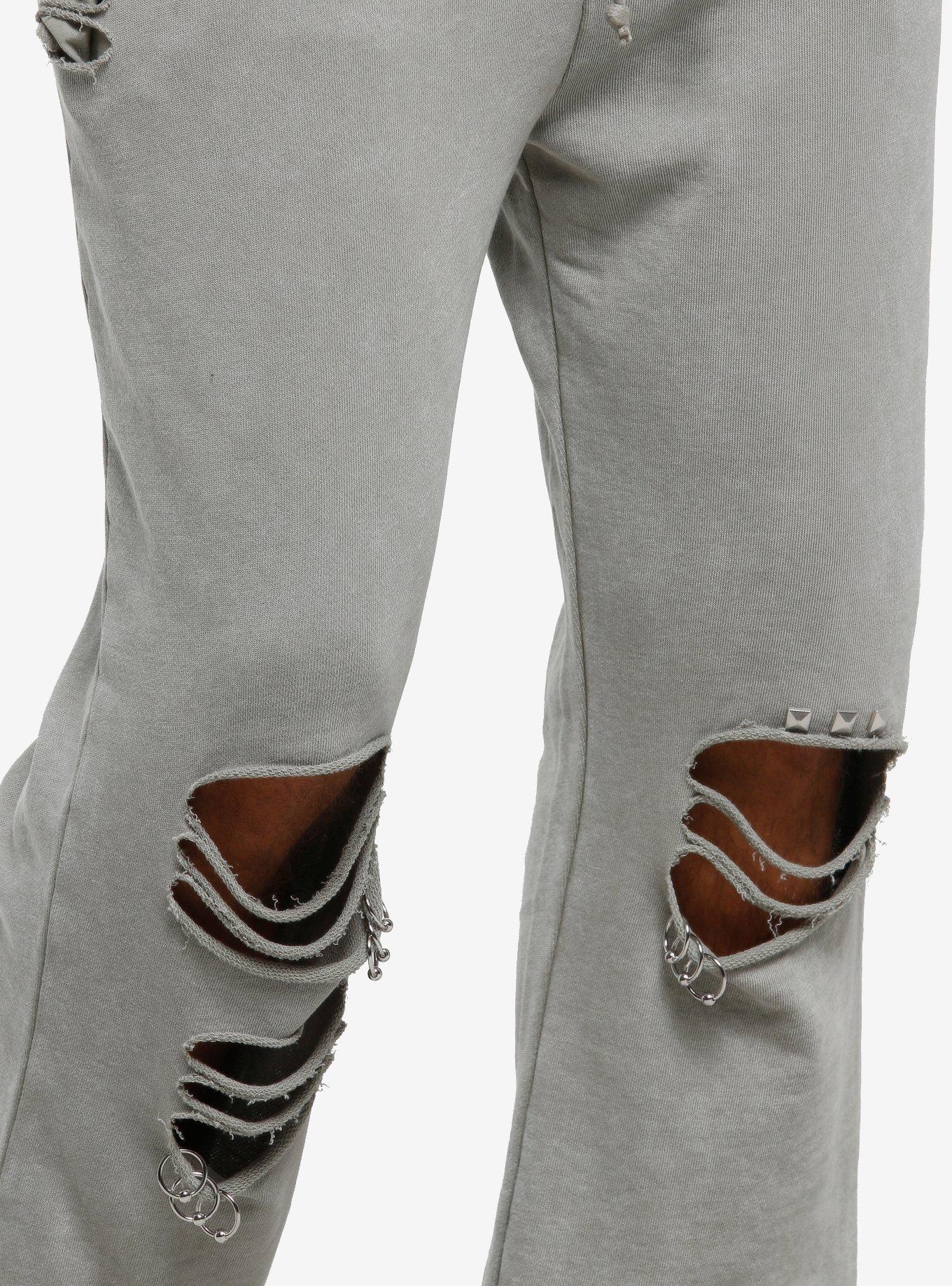 Grey Destructed Stud Flare Jogger Sweatpants, GREY, alternate