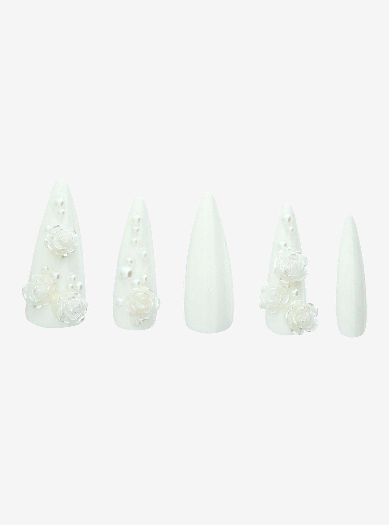 White Floral Pearl Press-On Nails, , hi-res