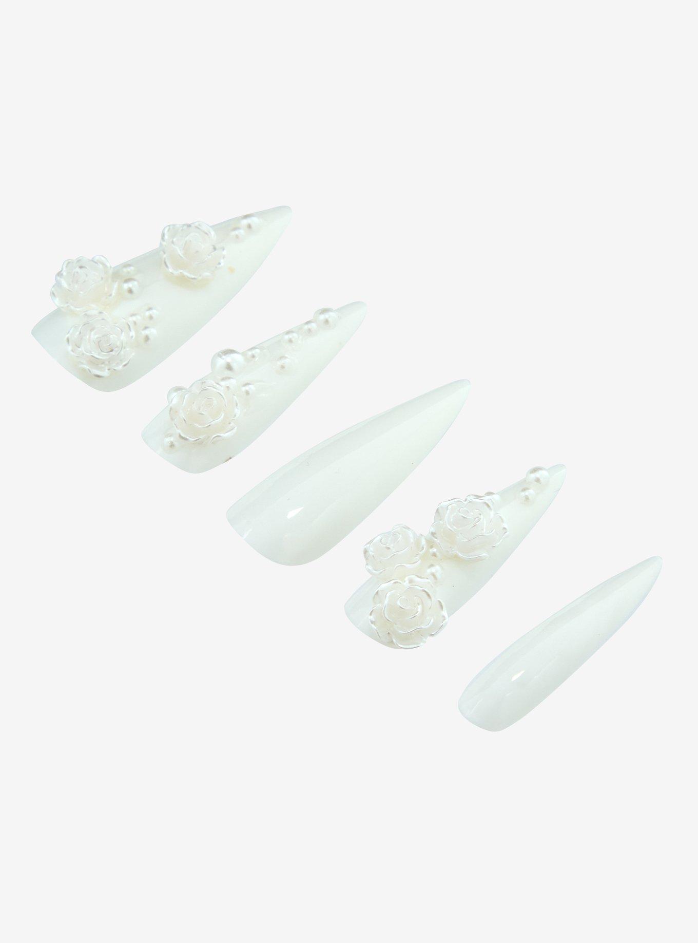 White Floral Pearl Press-On Nails, , alternate
