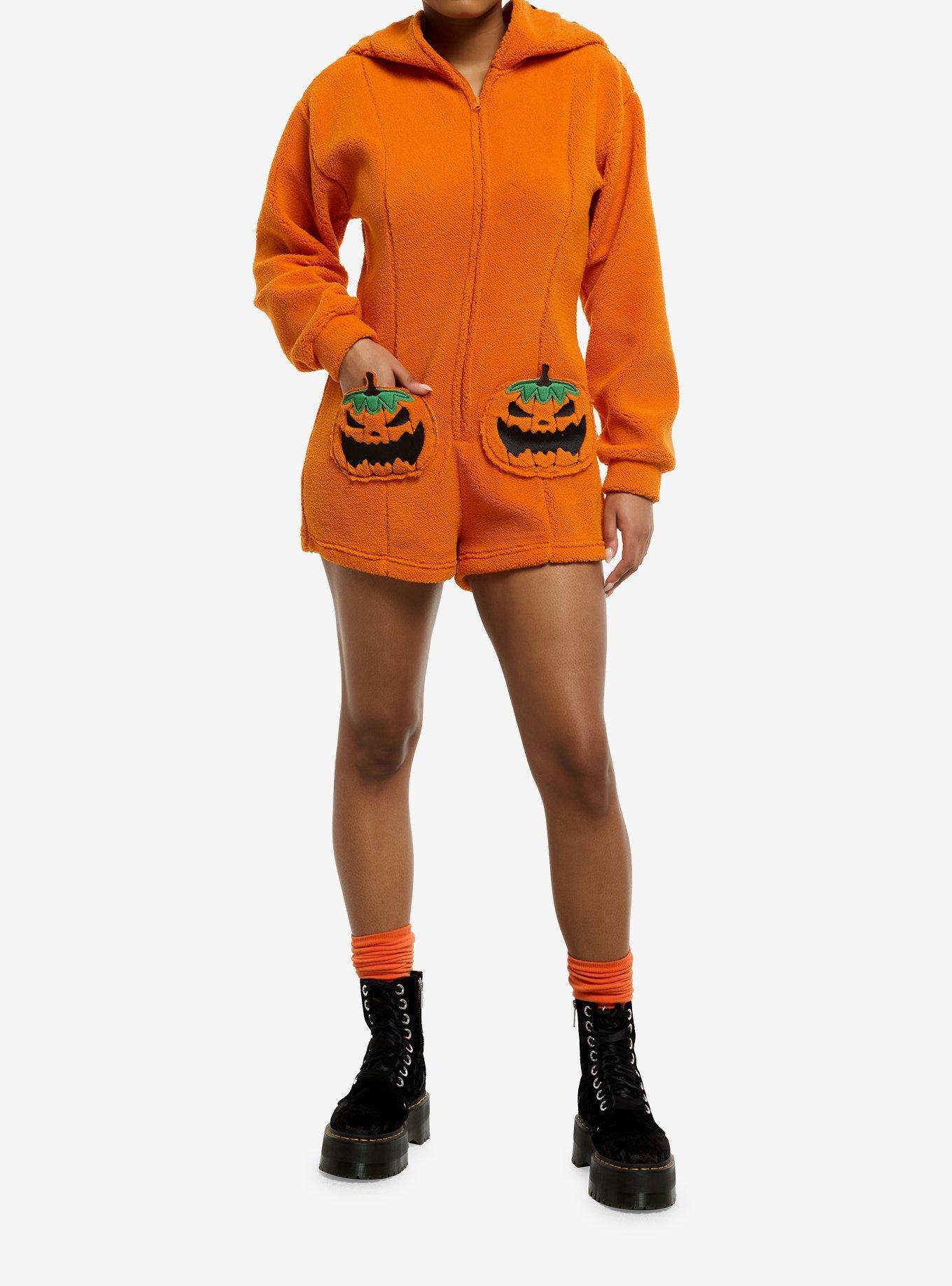 Thorn & Fable Jack-O'-Lantern Sherpa Girls Hooded Romper, , hi-res