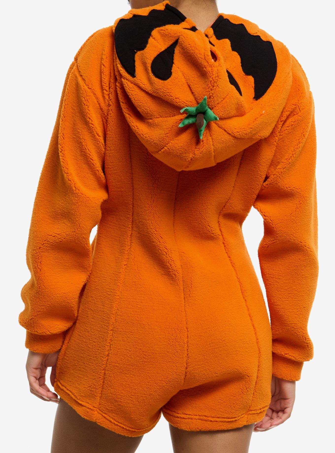 Thorn & Fable Jack-O'-Lantern Sherpa Girls Hooded Romper, ORANGE, alternate
