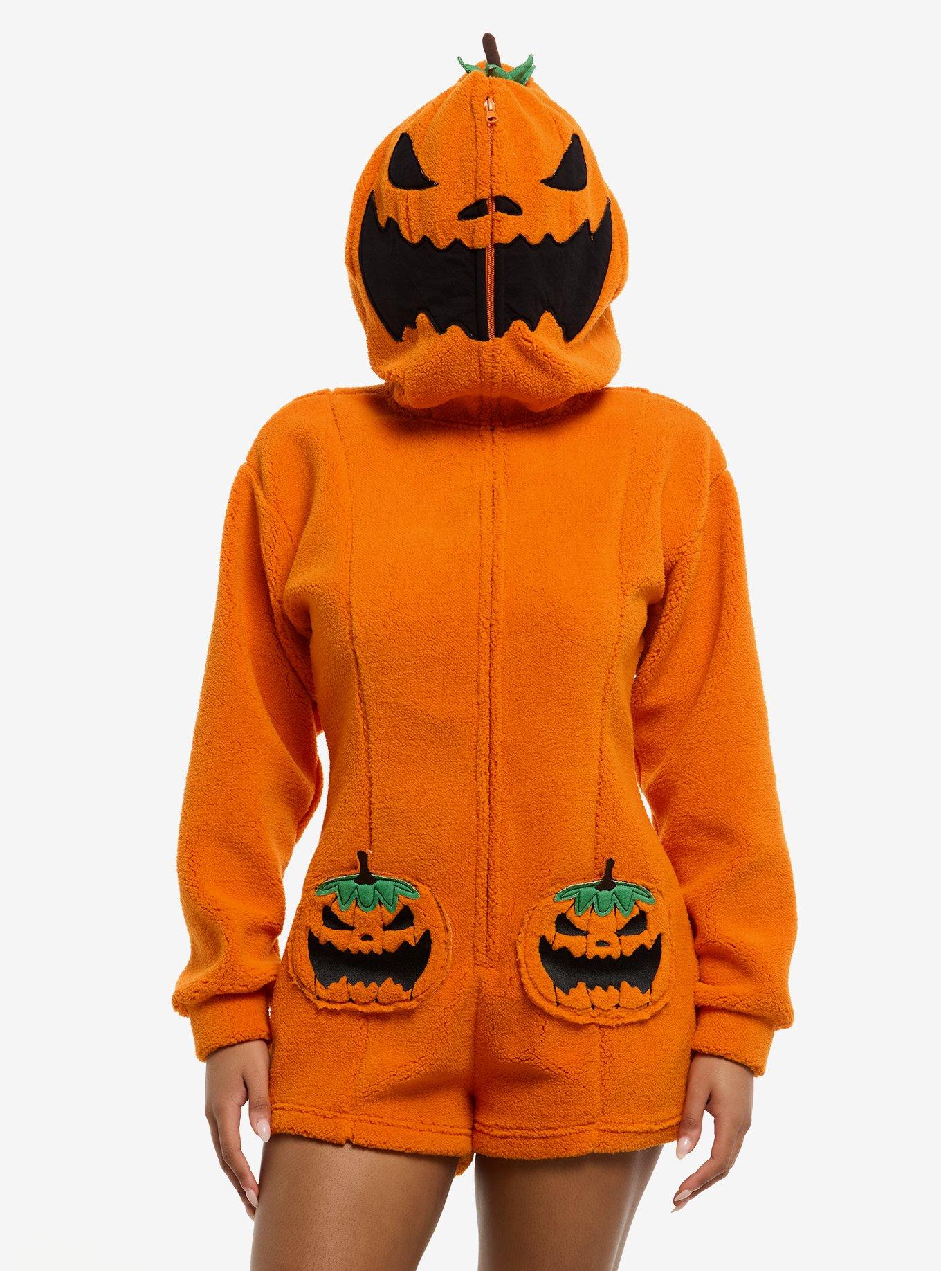 Thorn & Fable Jack-O'-Lantern Sherpa Girls Hooded Romper, ORANGE, alternate