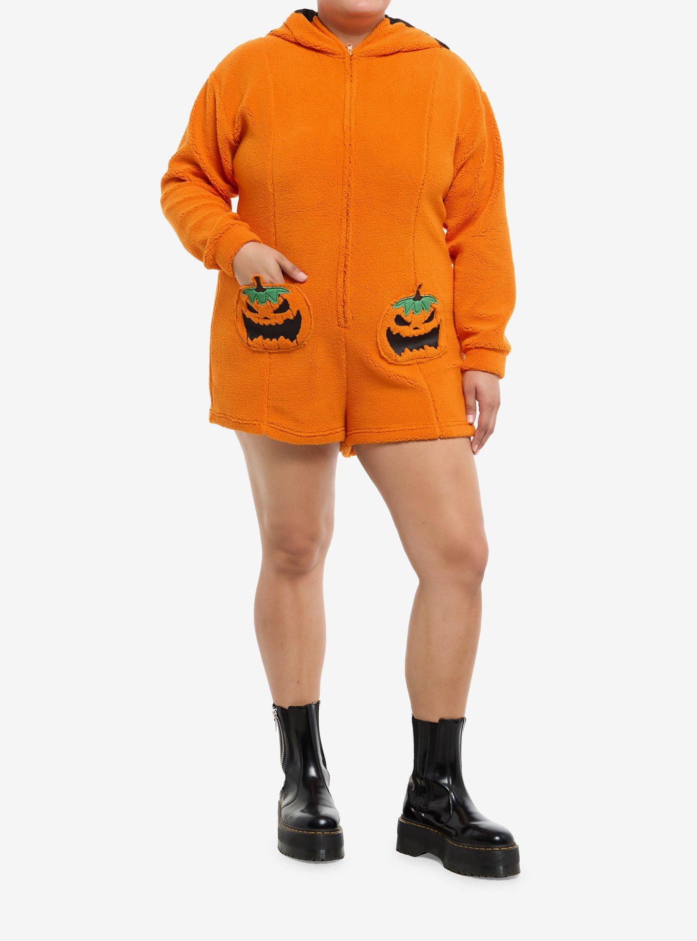 Thorn & Fable Jack-O'-Lantern Sherpa Girls Hooded Romper Plus Size, , hi-res
