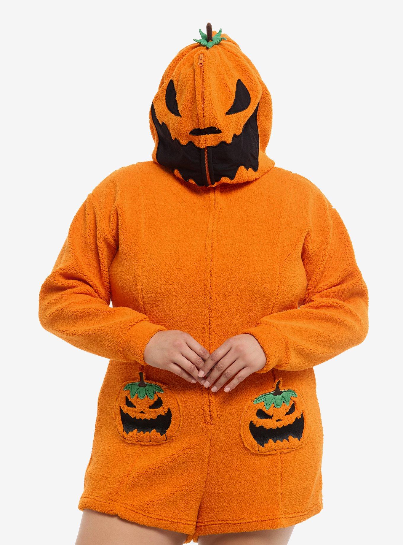 Thorn & Fable Jack-O'-Lantern Sherpa Girls Hooded Romper Plus Size, ORANGE, alternate