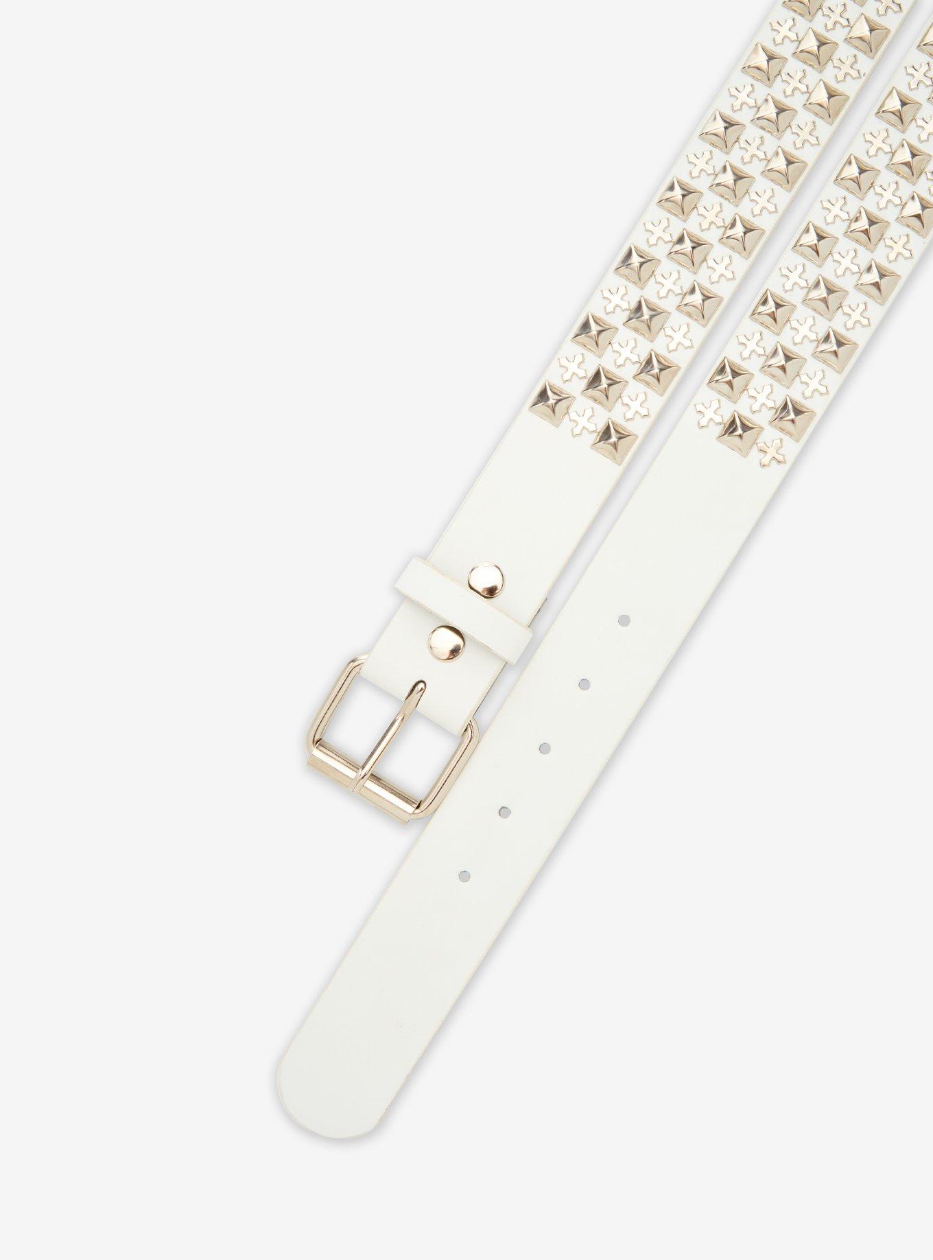 White & Silver Cross Three Row Pyramid Stud Belt, , hi-res