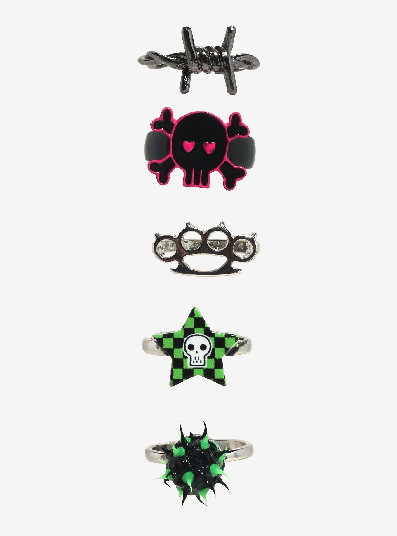 Emo Spike Ball Skull Ring Set, , hi-res