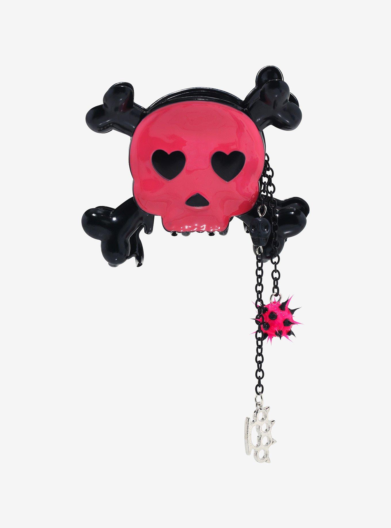 Pink & Black Skull & Crossbones Figural Claw Hair Clip, , hi-res